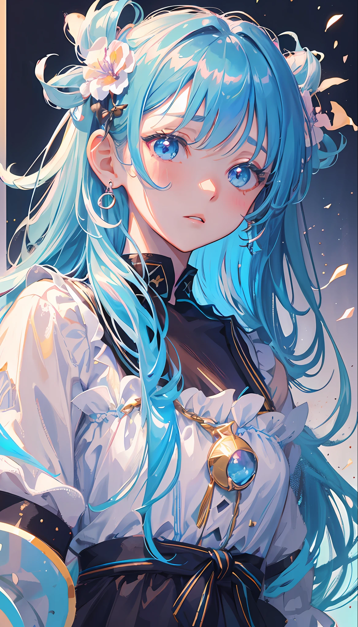 (masterpiece), (best quality), (ultra detailed),(disheveled hair),(illustration), (1girl), (Fashionable clothing), standing, Fashion model, looking at viewer, (interview), (simple background),beautiful detailed eyes, delicate beautiful face, Floating,(high saturation),(colorful splashes),colorful bubble,(shining), focus on face, kamisato ayaka, light blue hair, bangs, hair ring, floating flowers, floating hairs.Girl, anime waifu, looking at viewer, highlydetailed, reflections transparent iridescent colors, long transparent iridescent RGB hair, artby Serafleur from artstation, thick acrylic,illustration on pixiv, waist up portrait, gorgeoussacred girl, best quality, ultra detailed,sad,clever,beautiful face , beautiful lighton black background, Character stvle renderedby Octane,