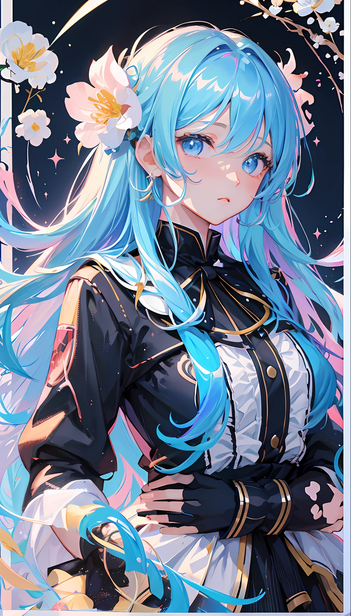 (masterpiece), (best quality), (ultra detailed),(disheveled hair),(illustration), (1girl), (Fashionable clothing), standing, Fashion model, looking at viewer, (interview), (simple background),beautiful detailed eyes, delicate beautiful face, Floating,(high saturation),(colorful splashes),colorful bubble,(shining), focus on face, kamisato ayaka, light blue hair, bangs, hair ring, floating flowers, floating hairs.Girl, anime waifu, looking at viewer, highlydetailed, reflections transparent iridescent colors, long transparent iridescent RGB hair, artby Serafleur from artstation, thick acrylic,illustration on pixiv, waist up portrait, gorgeoussacred girl, best quality, ultra detailed,sad,clever,beautiful face , beautiful lighton black background, Character stvle renderedby Octane,