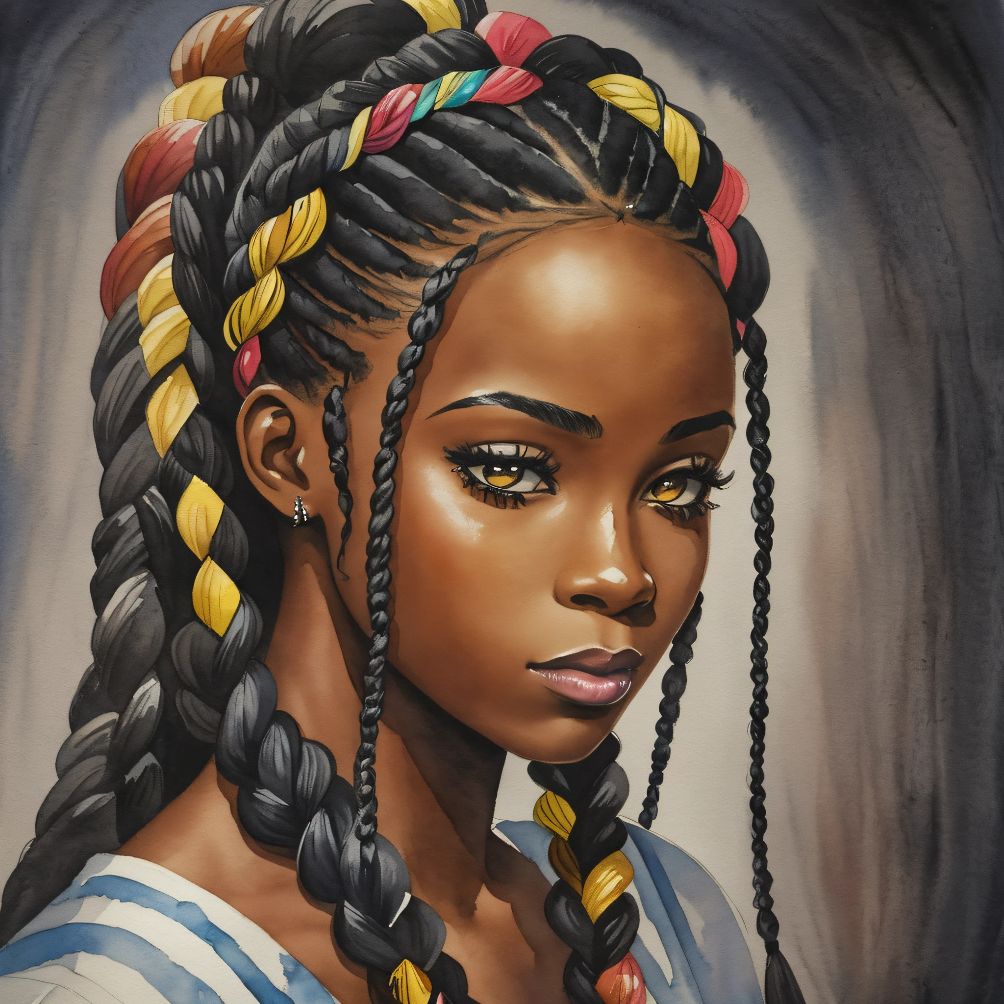 black african american woman beautiful girl side face, painting watercolor style long hair, braids, cornrowsm plaits, nikon dslr; scar, black mist pro lens filter, dark bacground; 4k --ar 4:5 --auto --s2