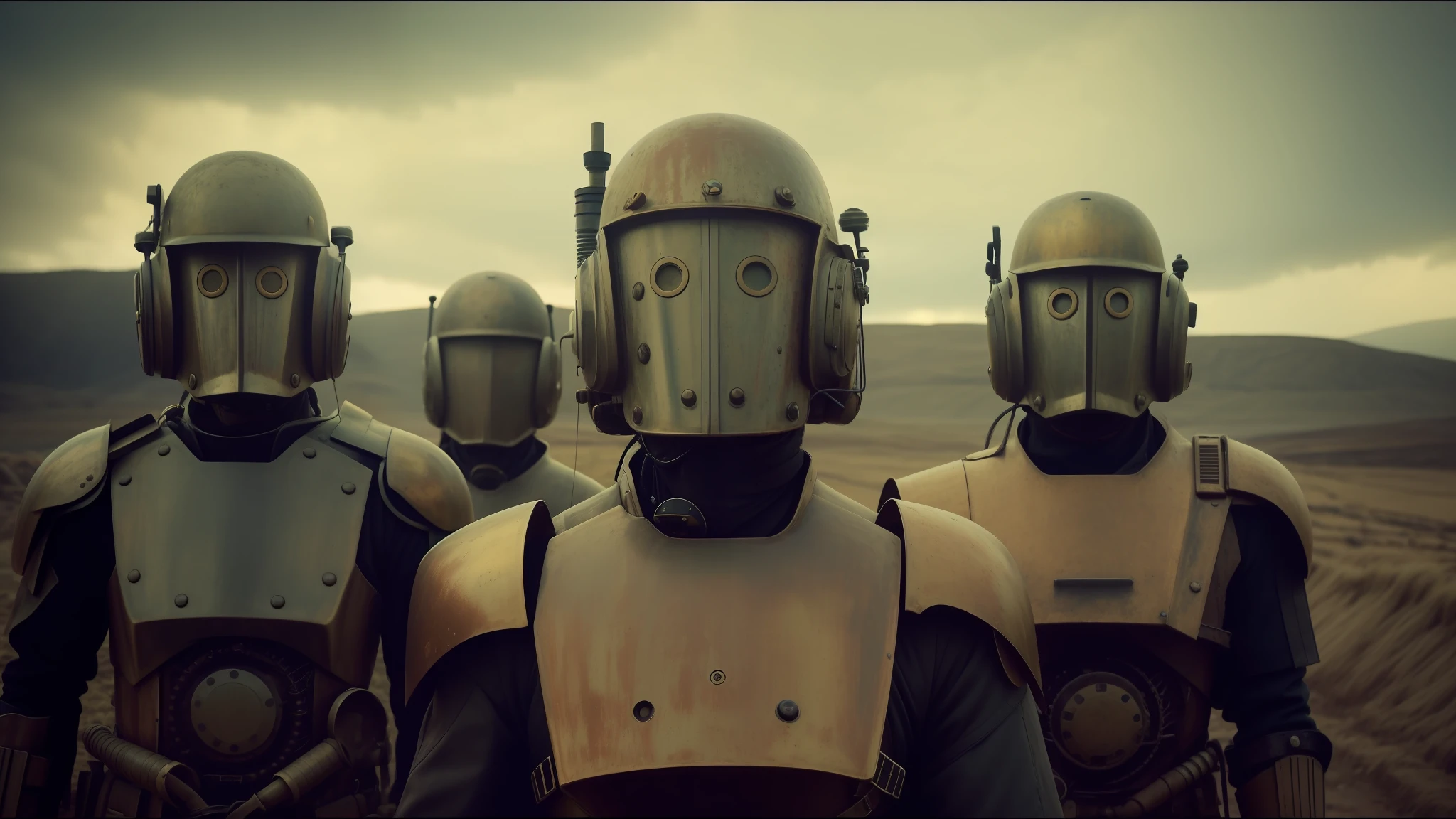 there are four men with helmets in a row, cyber steampunk 8k 3 d, television screenshot, fifth grade, photos, anthropomorphic machine, standing in wasteland, Wales, promotional photo