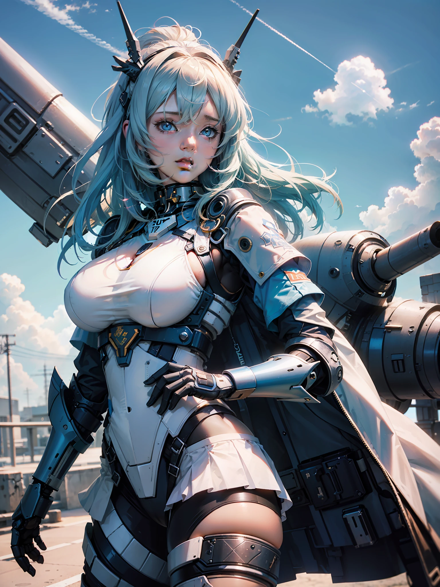 ((Huge breasts)), (There are many holes in the upper body clothes) ((Blue Sky and White Cloud Background)), (Mecha Girl), C4D, OC Render, 3D, ultra HD16K,--ar 3:4 --niji5