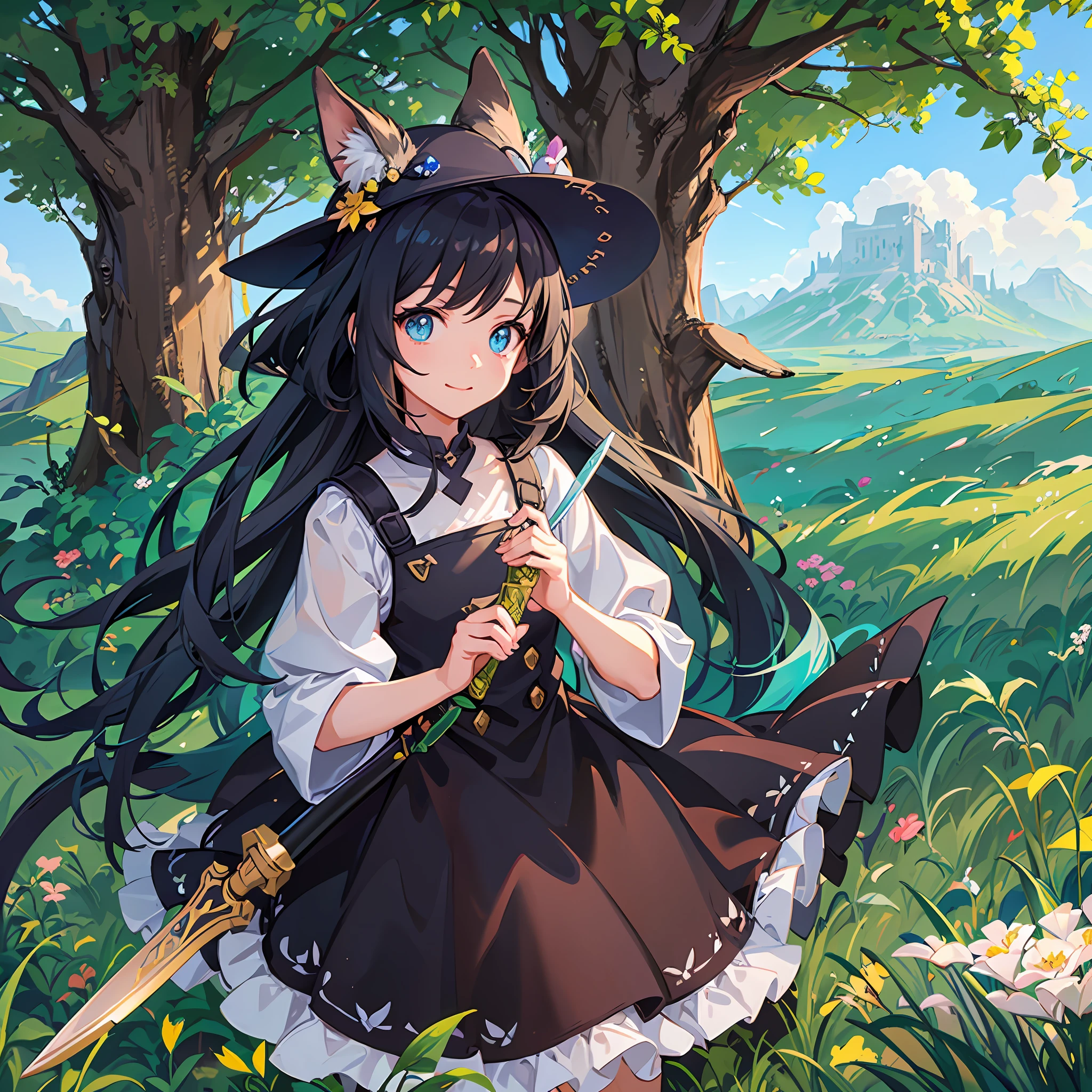 In a vast grassland, the blue sky and white clouds reflect the green grass, and a cute  girl stands in the center of the picture. Her eyes sparkle with curiosity and adventure, smiling at this world of wonder. Holding a sword shining with a mysterious light in her hand, she was dancing on the grass, demonstrating her sword dancing skills.
In this surreal landscape, a variety of strange creatures live in the steppe. Some creatures have feathers, some have scales, and some have flowers from the steppe. They frolic in the grass, run and have fun with little. In this fantastical steppe, each creature exudes a unique charm and coexists in harmony with its surroundings.
The whole scene is filled with a joyful atmosphere, with sunlight shining on the grass, forming dappled light and shadows. The little girl'd dance and the activities of the strange creatures around it form a wonderful picture, as if it were the prelude to a fantasy adventure. In this world of imagination and creativity, the little girl and henge friends explore every corner of the prairie together in search of their own adventures.
The scene has a unique style that perfectly blends reality and fantasy. Strange creatures on the steppe and the sword dance of little girls add endless charm to this world, immersing people in this adventure full of fantasy. In this joyful setting, the little girl and her friebark on an exciting adventure to explore this mysterious and beautiful prairie world. --auto --s2