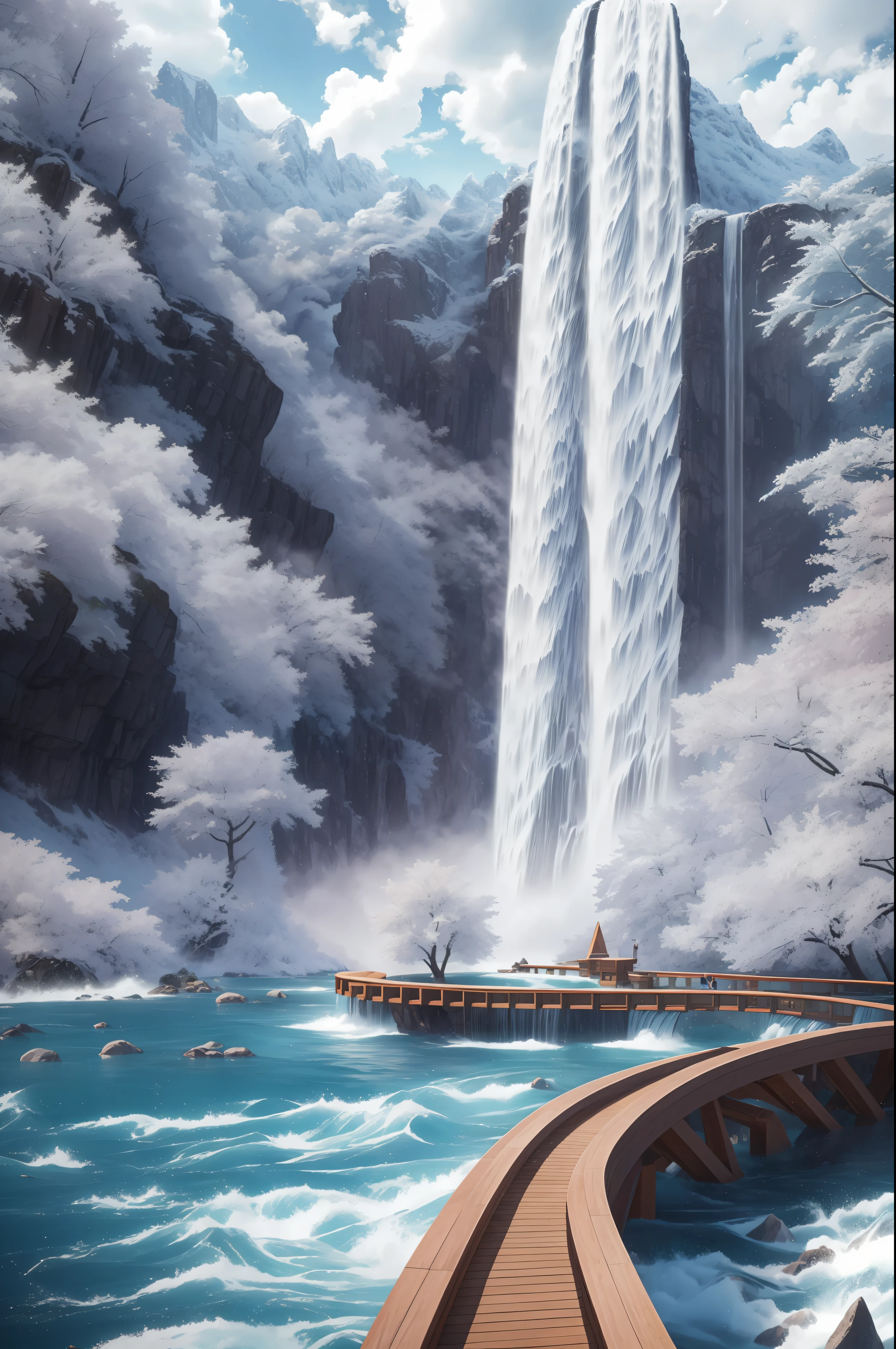 (masterpiece, best quality, high quality, extremely detailed CG Unity 8k wallpaper), landscape, outdoor, flower, cloud, sky, no man, mountain, landscape, water, tree, rain, waterfall, cliff, nature, lake, river, award winning photography, bokeh, depth of field, HDR, flood, chromatic aberration, realistic, very detailed, art station trend, CG social trend, complex, high detail, dramatic, art halfway