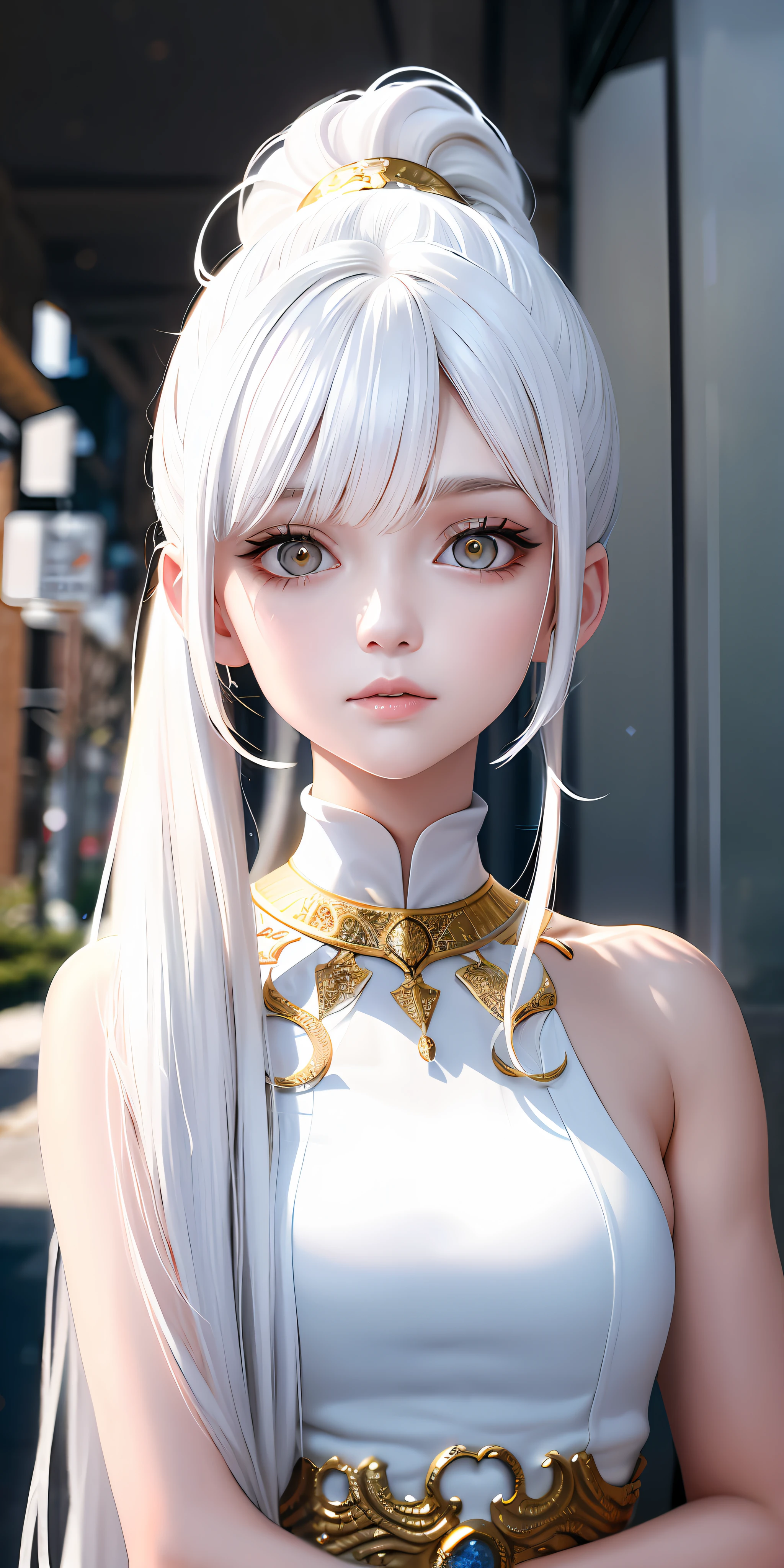 Excellent, masterpiece, white hair, golden eyes, white clothes, looking up, upper body, hair, fair skin, high ponytail