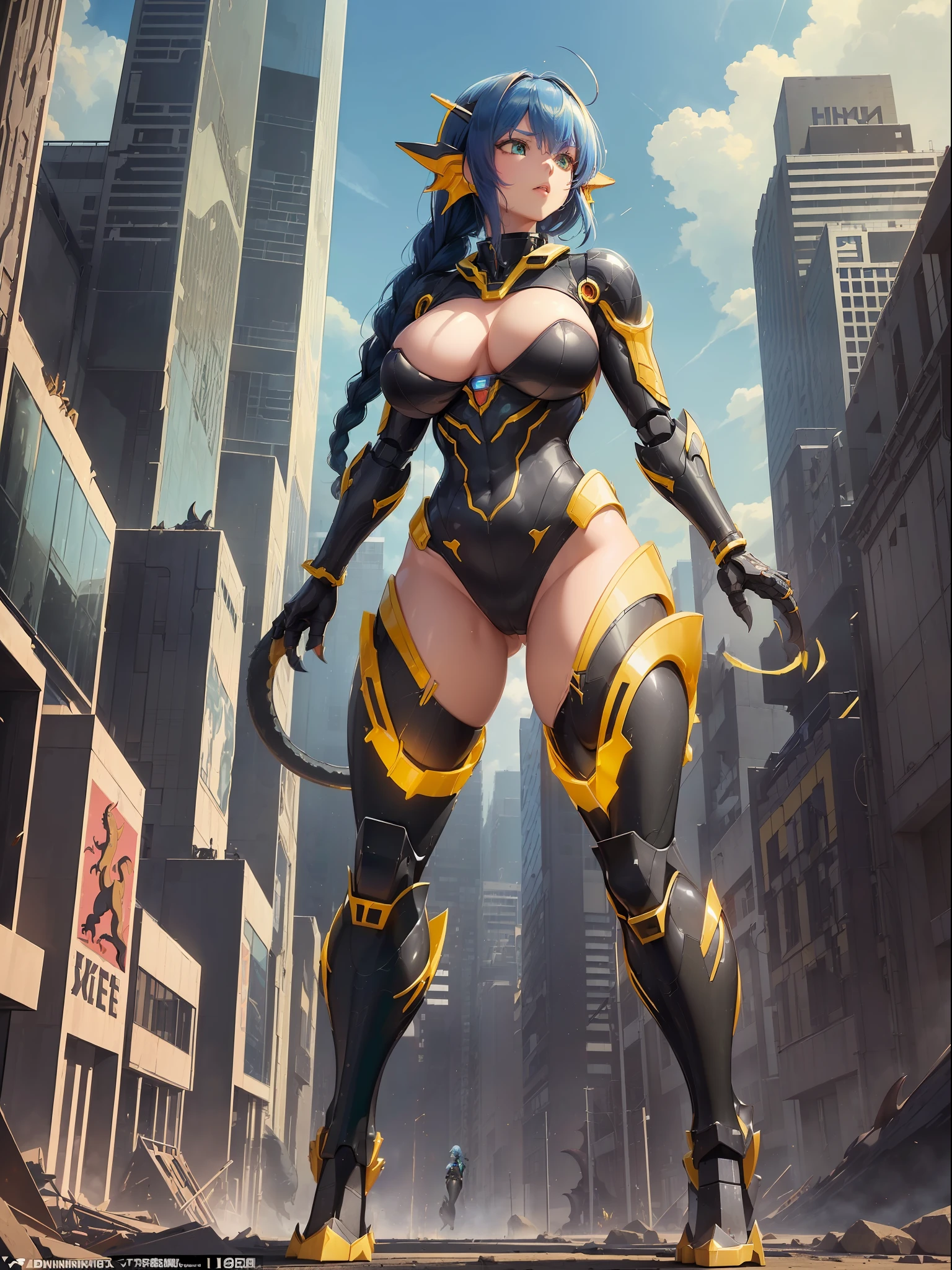 ((full body):1.5) (({1/woman}):1.2). Only {1/woman}:((Wearing black mecha with golden parts, extremely tight on the body):1.2). Only {1/woman} has ((very short blue hair with braids, green eyes):1.2). Only {1/woman} ((extremely large breasts):1.2) Only {1/woman}:((striking sensual poses for the standing viewer)). In a futuristic city completely destroyed with fire in the buildings and ((([1] dino saurus tyrannosaurus rex robot):1.2)) of only {1/woman}. anime, anime style, 16k, ((high quality, high details):1.5), UHD, masterpiece