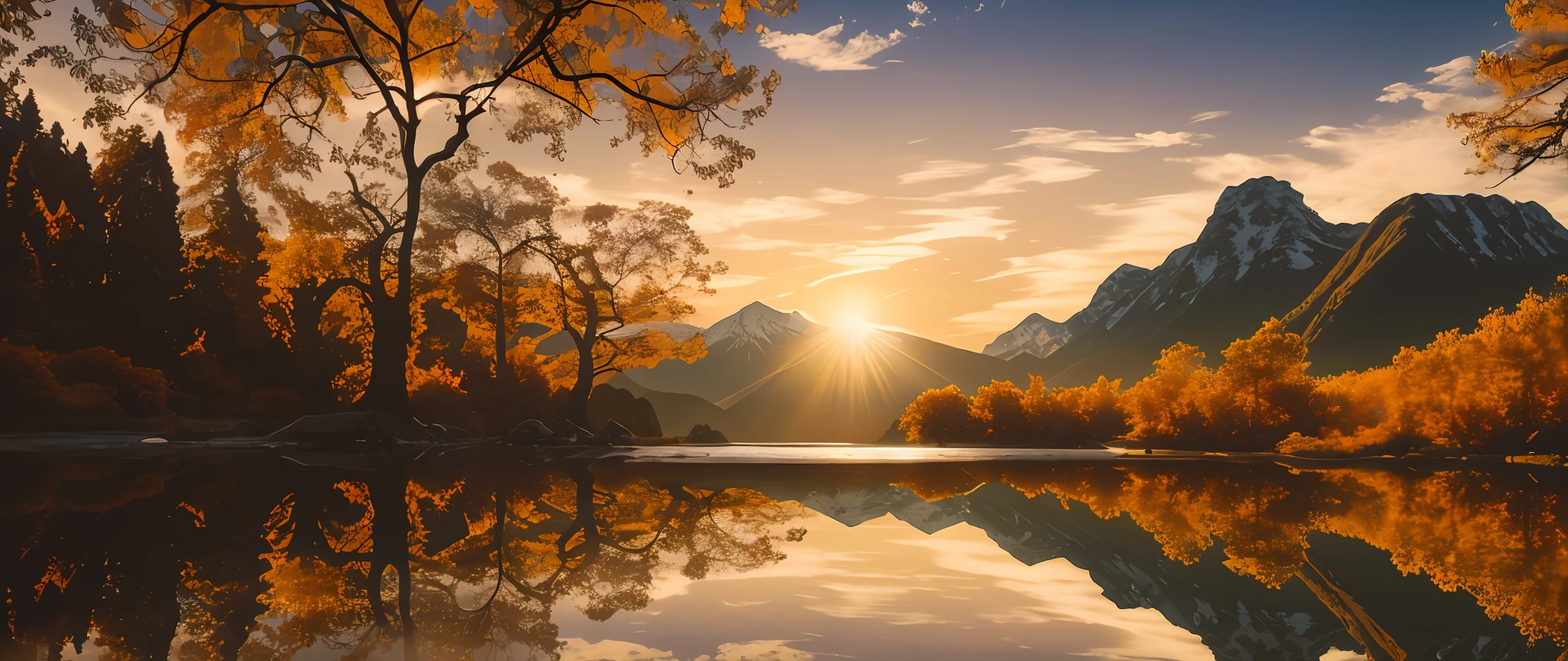 Create a picture of motorbike, with sunset, trees, vegetation, real, soft colors, sun, rays of sun, mountains, sun behind mountains, dark clouds in the sky, sky with sun rauis, high mountains,