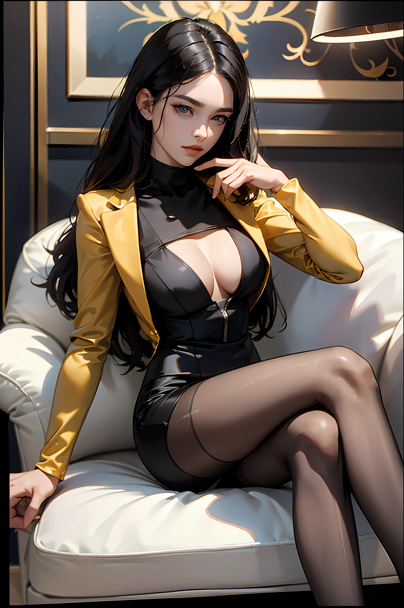 Masterpiece, 16k, award-winning photo, extremely detailed, amazing, fine detail, absurd, highly detailed woman, 20 years old, sexy theme, high detail, extremely detailed eyes and face, glare eyes, ((((black pantyhose)))), (short skirt))), (suit))), good hips and long legs, beautiful face, perfect face shape, perfect body, oversize model, mature woman, (((high and long legs))), (((very large breasts))), Perfect for wearing tight, simple clothes, high heels, photography 4 Kodak Portra 400 camera F1. 6 colorful lenses, ultra-realistic textures, dramatic lighting IrrealEngine ArtStation Cinestill 800 Tungsten Trends on the Lamp, (((Full Body))), There is a woman sitting in a chair in the room, Masterpieces: 1.2, Best Quality, Ultra High Resolution, Realistic, Ultra-Realistic Detail, Clear Focus, (Real Pictures, Fine Production, Depth of Field), Solo, Beautiful Girl, Masterpiece: 1.2, Best Quality),