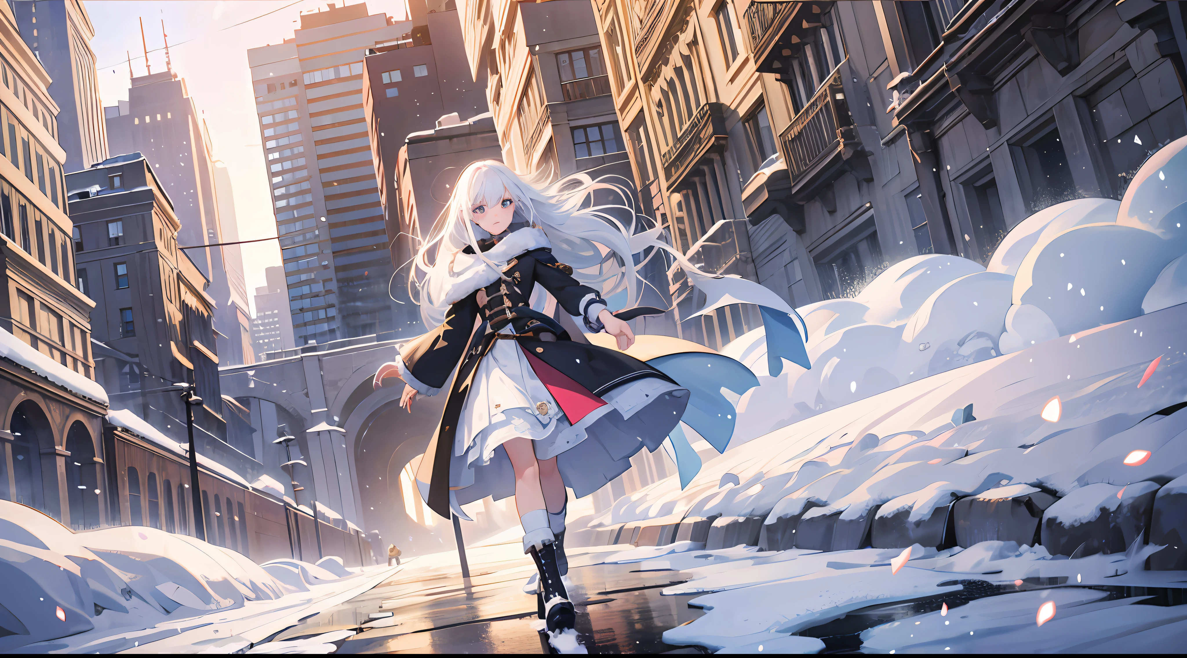 Based on The Ally's Mix III: Revolutions model, girly, two-dimensional, cute, extremely detailed, anime, depth of field effect, 3D effect, extremely high quality, white hair, snow, focus, bright eyes, subsurface scattering, 8K --auto --s2
