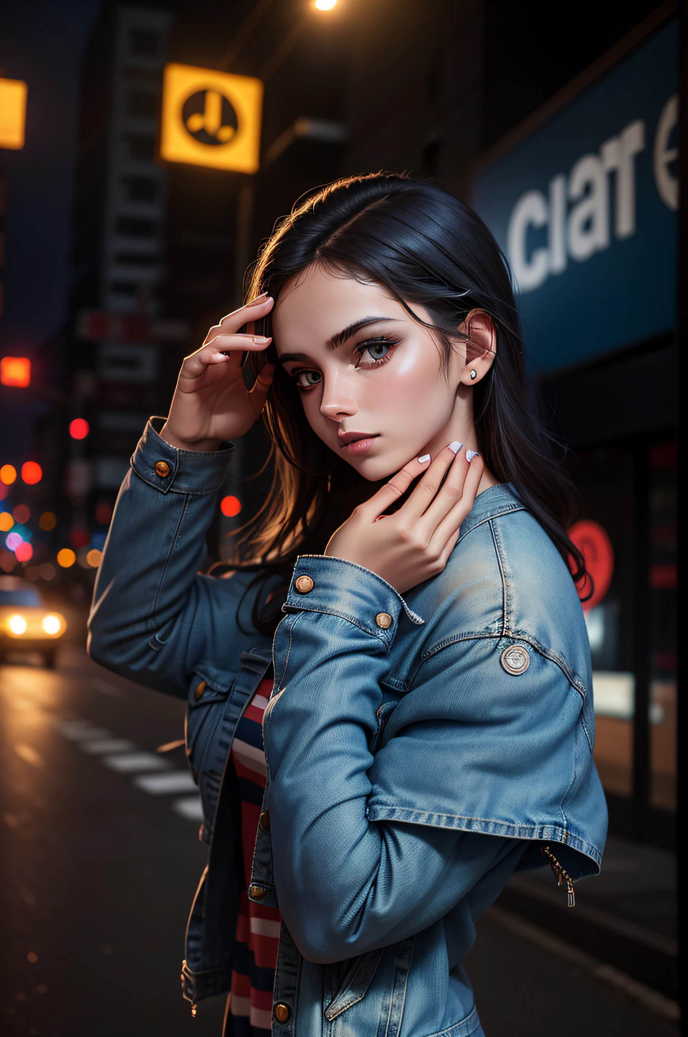 arafed woman in a blue denim jacket and a striped dress, modeling photography, cute model model, cute model girl, photo of a beautiful woman, cute model, shot at canon eos r5, shot at canon eos r 5, shot at nikon z9, woman model, casual pose, cute female model, fashion model photography, casual photography,  model photography, night photo, cars with lights on, model in the middle of the street,high quality photo, anime style --auto --s2