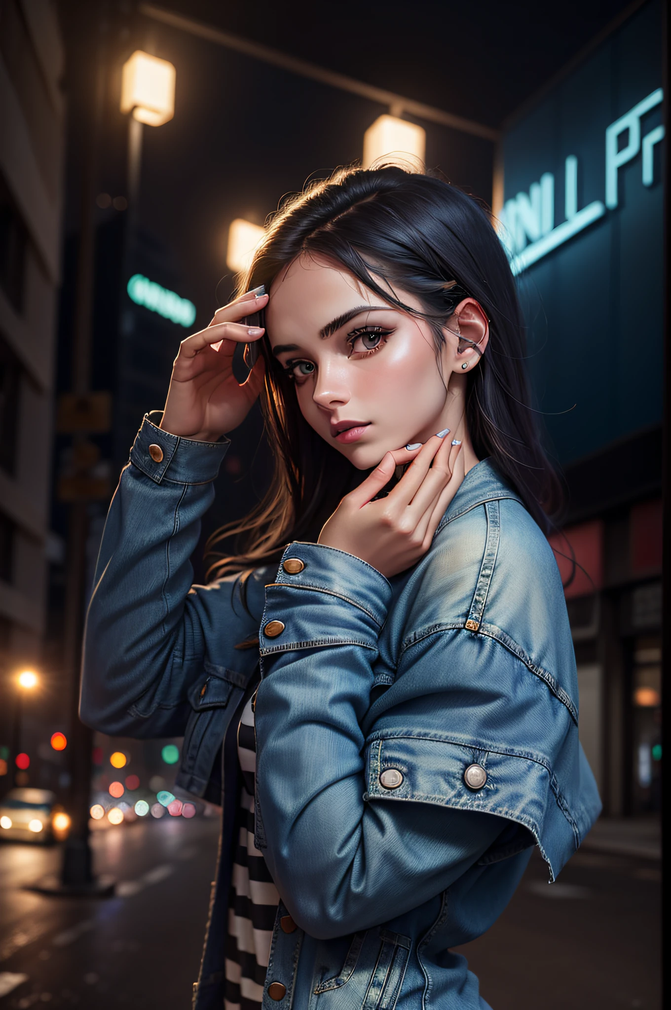 arafed woman in a blue denim jacket and a striped dress, modeling photography, cute model model, cute model girl, photo of a beautiful woman, cute model, shot at canon eos r5, shot at canon eos r 5, shot at nikon z9, woman model, casual pose, cute female model, fashion model photography, casual photography, model photography, night photo, cars with lights on, model in the middle of the street,high quality photo, anime style --auto --s2