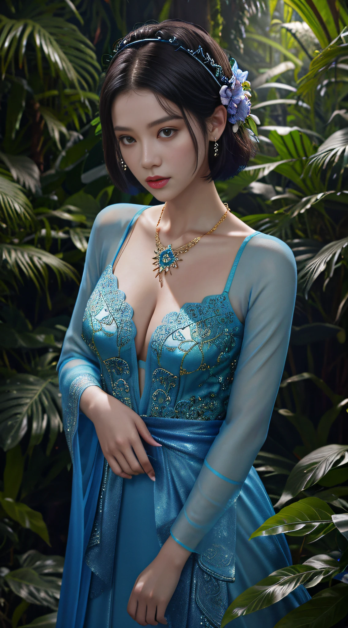 fashion photography portrait of woman avatar, 1girl in blue lush Alien Rainforest with flowers and birds, fantasy, octane render, hdr, Dolby Vision, (intricate details, hyperdetailed:1.2), (natural skin texture, hyperrealism, soft light:1.2), fluffy short hair, , sharp focus, night, necklace, Chinese mythology, cleavage, medium breasts, sci-fi headband, looking at viewer, best quality, perfect body,