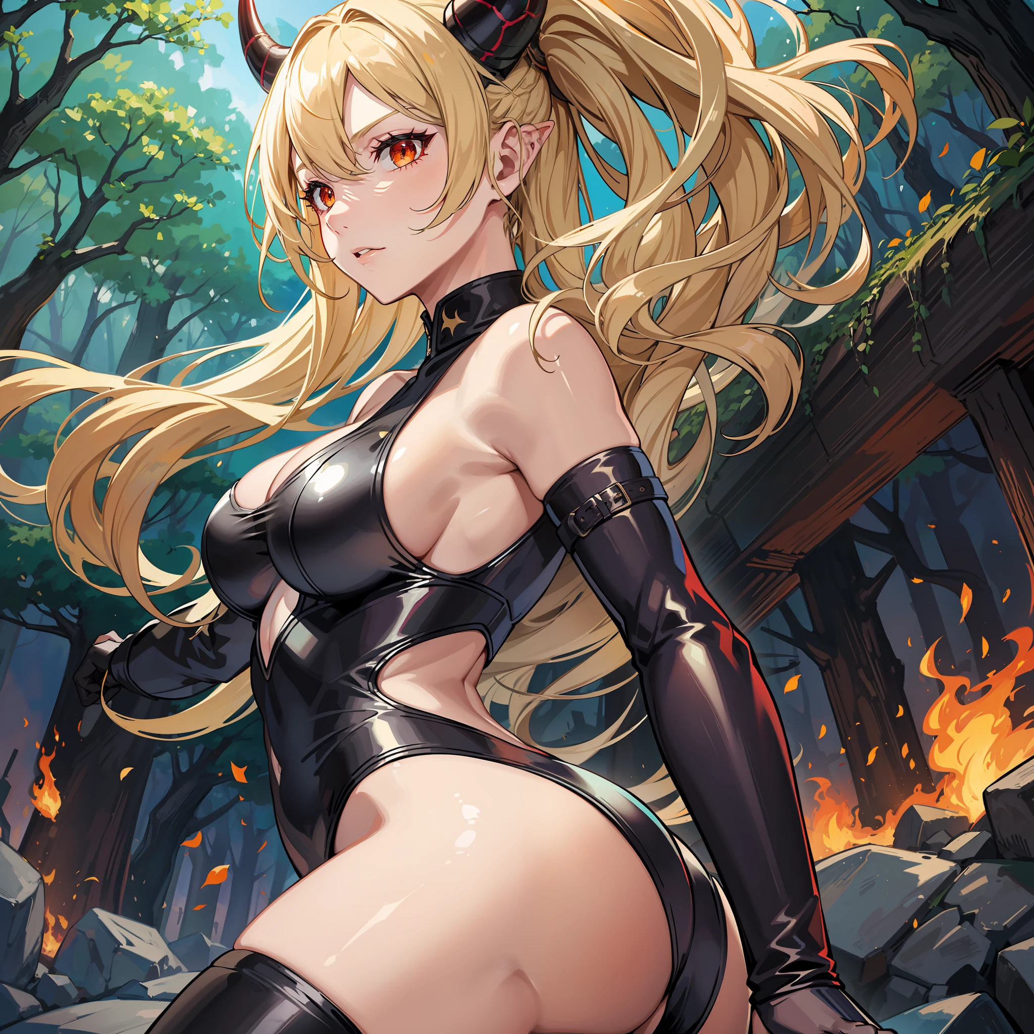 A woman, long hair, blonde, horns, flaming eyes, succubus, medieval clothing, in a forest, athletic body, ass, dynamic pose