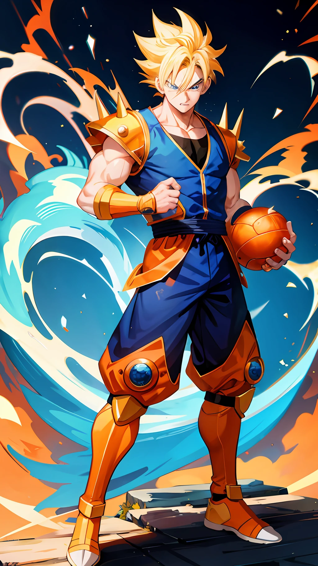 1 boy, shonen style, blonde hair, spiky hair, whisker marks on cheeks, orange and blue outfit, muscular, blue eyes, holding a dragon ball, full body, color