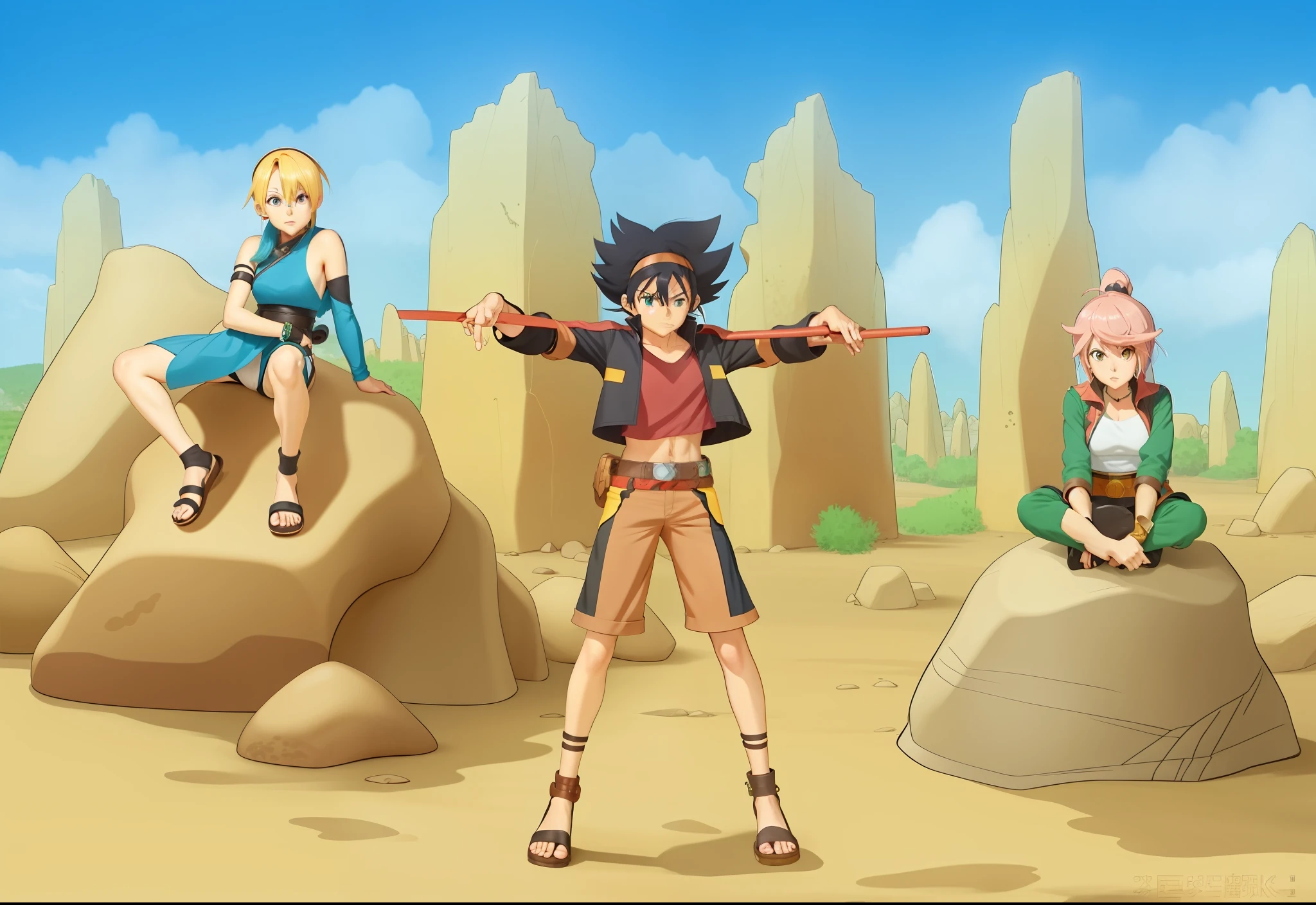 anime characters in a desert area with rocks and boulders, epic anime style, anime in fantasy style, in anime style, pokemon anime style, an epic anime of tuff luck, otaku gangasta, in japanese anime style, cel shaded anime, very anime style, konosuba anime style, official fanart, cel - shaded art style, anime style artwork