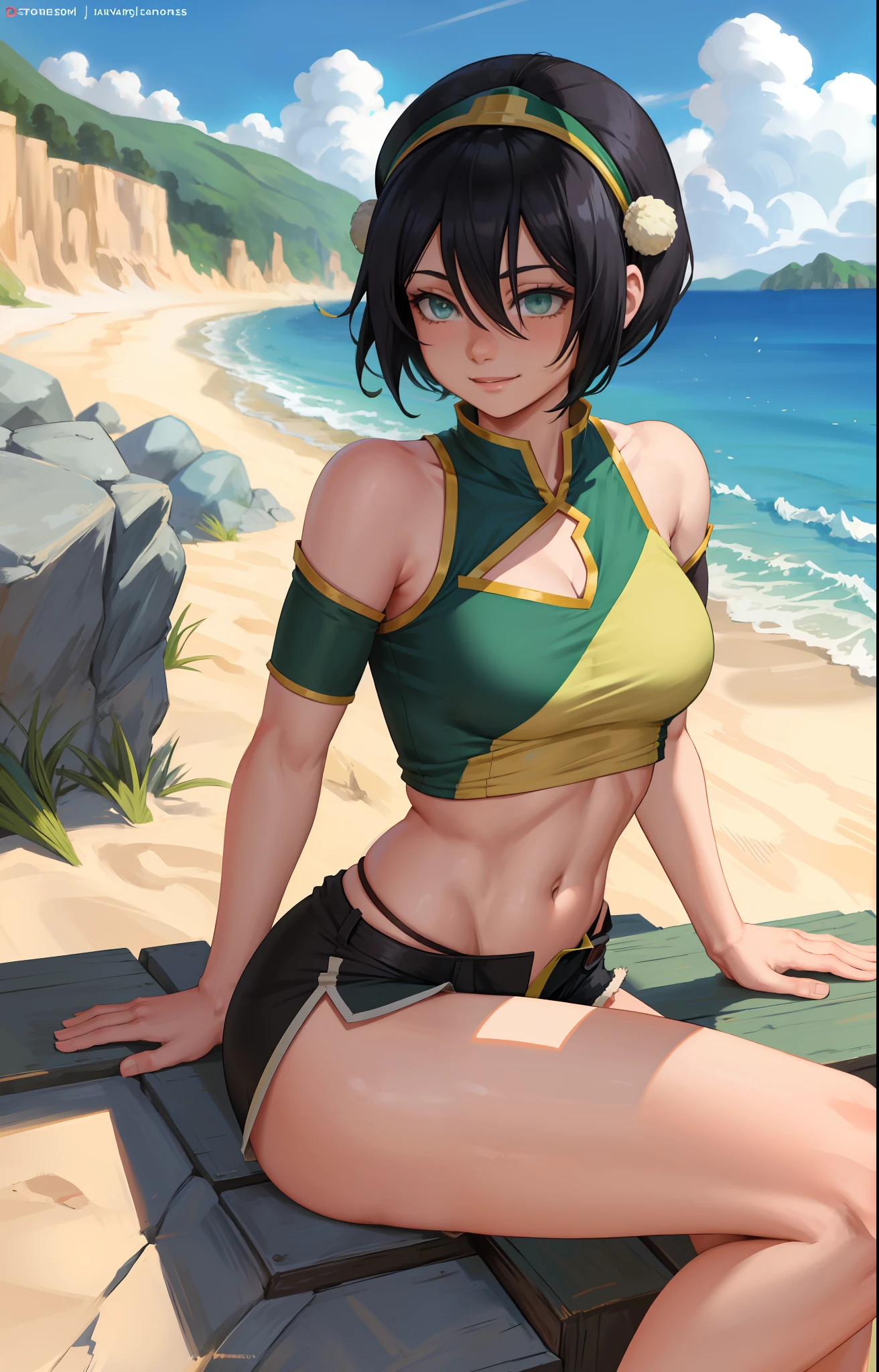 anime coloring pages, beach, blue sky, nature, 1girl, solo, black hair, hair band, short hair, hair between eyes, (blind: 1.2), green eyes, sports top, cleavage, (short shorts, black shorts), sitting, back, smile, wide hips, firm ass