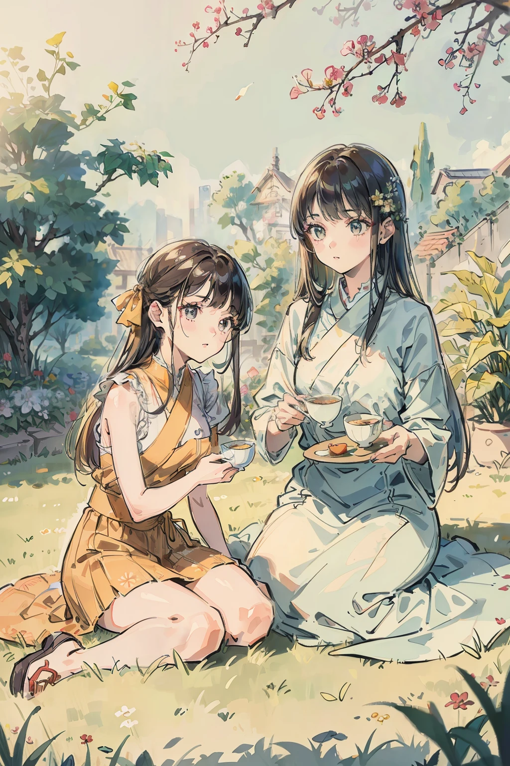 masterpiece, best quality, detailed, 2girls, asian, drinking tea in the garden, summer, wind, 8k, stunning