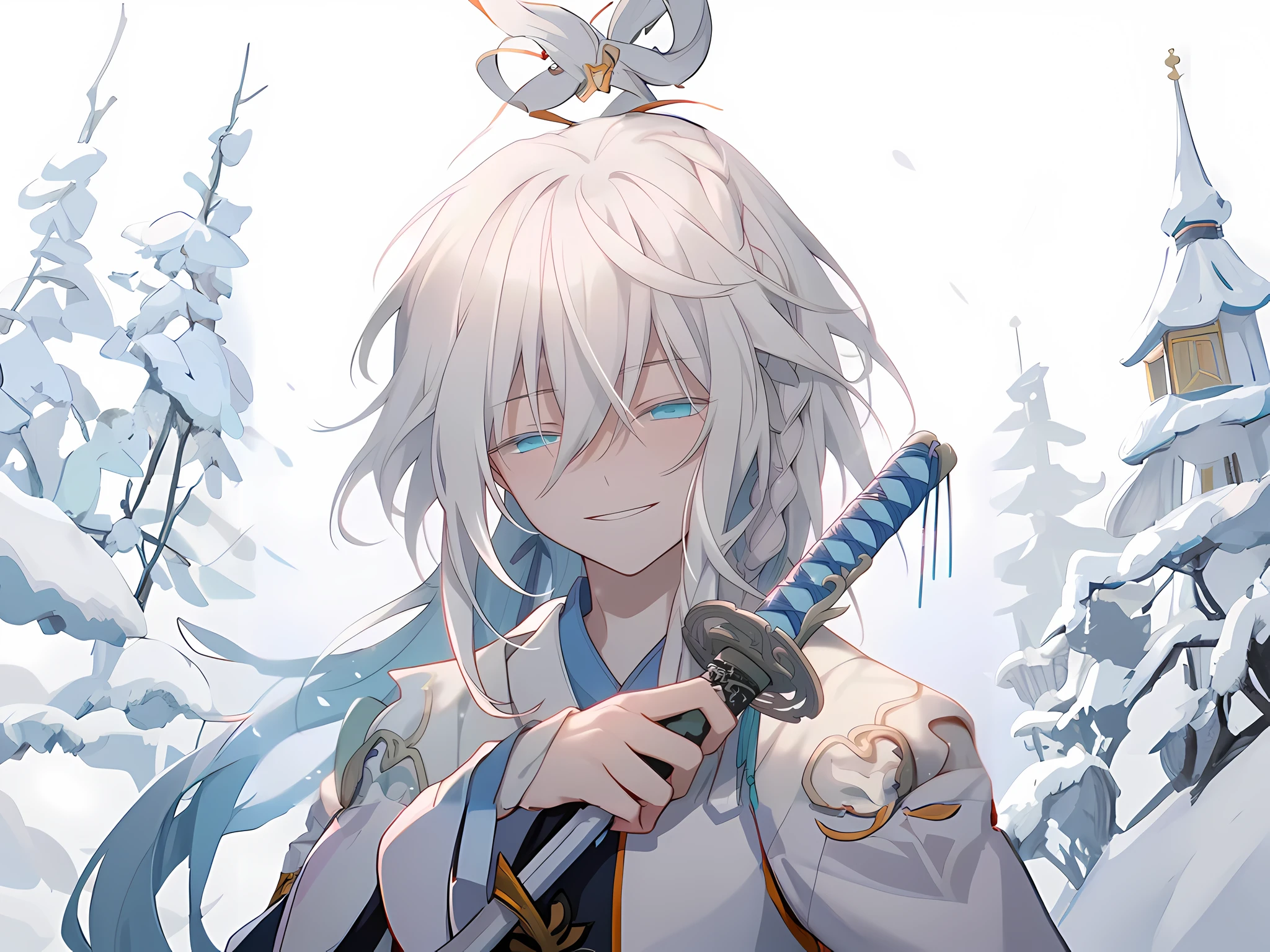 anime character with long white hair holding a sword in front of her face, keqing from genshin impact, white haired deity, nagito komaeda, white haired, hajime yatate, zhongli from genshin impact, white-haired, genshin impact character, ayaka genshin impact, genshin, clean detailed anime art