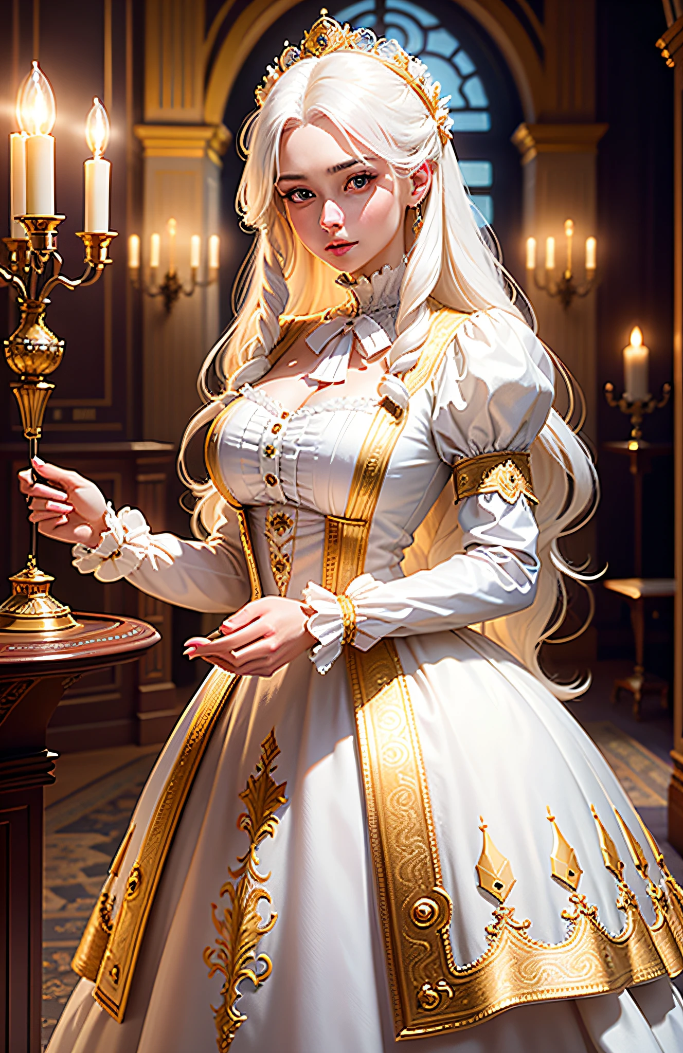 masterpiece, highest quality, solo focus, (perfect face:1.1) , (high detail:1.1), (romantic, 1.5), (long White hair:1.3) novel cover, delicate, 1 delicate woman, Wearing a beautiful white Victorian dress:1.3, gold jewelry:1.3, long White hair:1.3, Holding a candle lamp 1.2), (In a beautiful palace, daytime, bright light:1.3), young Women, longing posture, hyper detailed, digital art, studio quality, smooth render, unreal engine 5 render, octane render, 8K, Girl with European and Korean features, 1800 dress,Classic Victorian dress, pompous dress