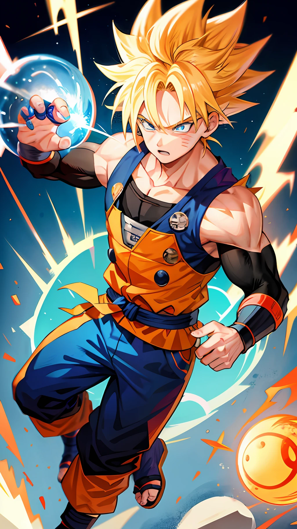 1 boy, shonen style, blonde hair, spiky hair, whisker marks on cheeks, orange and blue outfit, muscular, blue eyes, holding a dragon ball, full body, color --fusion of Naruto and Goku
