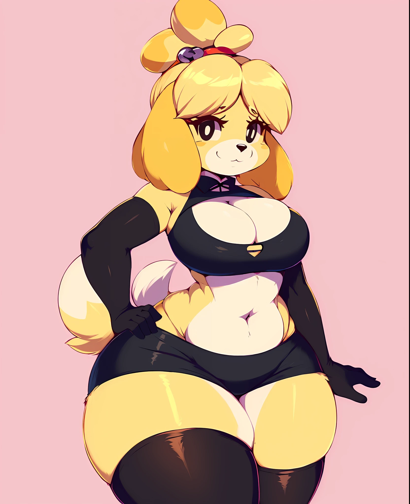 (high aesthetic + highly rated), absurdres, absurd resolution, highres, high resolution, best quality, masterpiece, 1girl, ((solo)), art by trinity-fate62, 1girl, solo, breasts, thick thighs, dog girl, furry, tail, animal ears, furry female, isabelle (animal crossing), blonde hair, dog ears, thighs, clothing cutout, gloves, thighhighs, dog tail, smile, elbow gloves, cleavage, topknot, red thighhighs, yellow fur, red gloves, black eyes, cleavage cutout