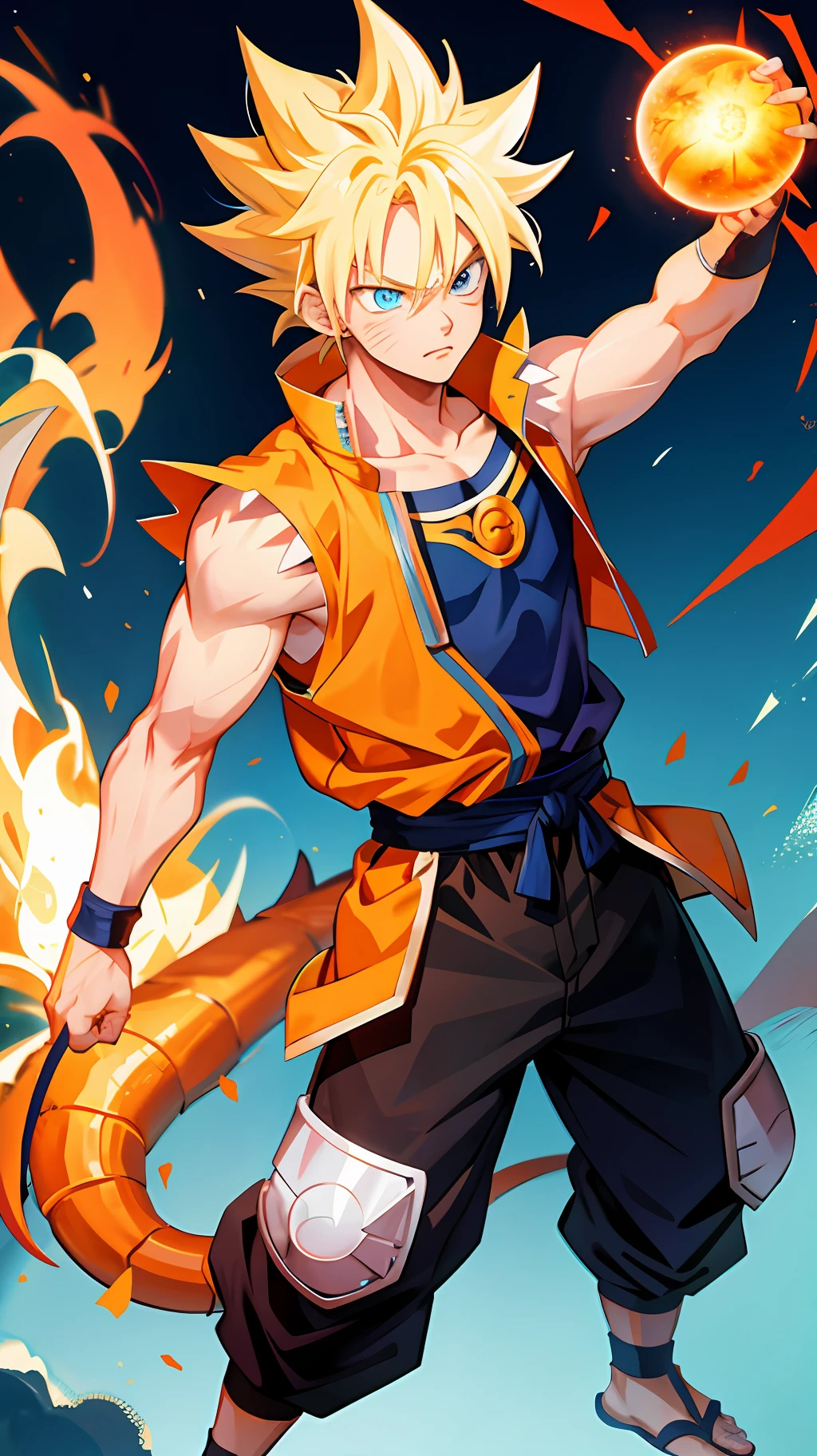 1 boy, shonen style, blonde hair, spiky hair, whisker marks on cheeks, orange and blue outfit, muscular, blue eyes, holding a dragon ball, full body, color --fusion of Naruto and Goku