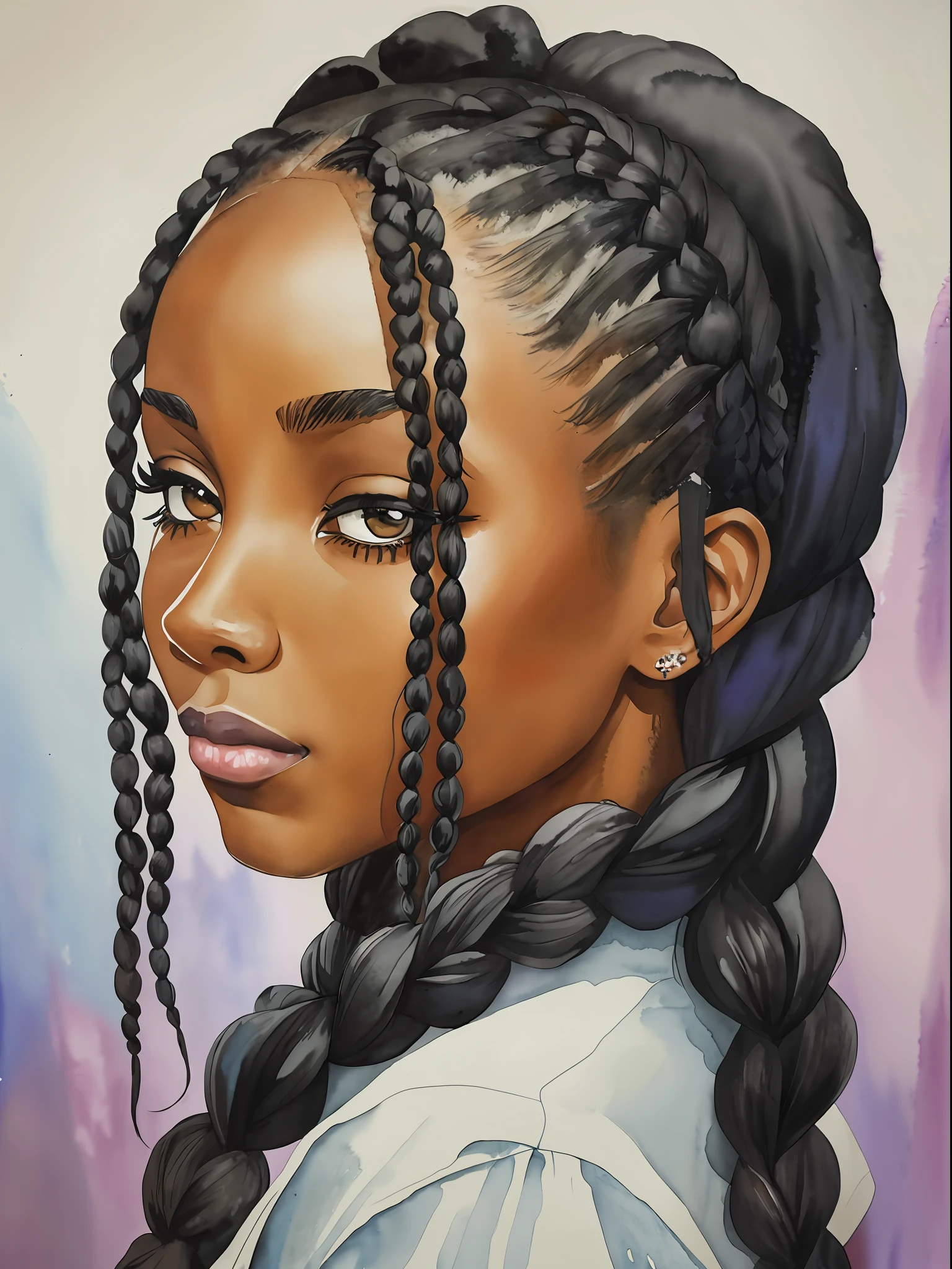 black african american woman beautiful side face, painting watercolor style long hair, braids, cornrowsm plaits, nikon dslr; scar, black mist pro lens filter, white bacground; 4k --ar 4:5 --auto --s2