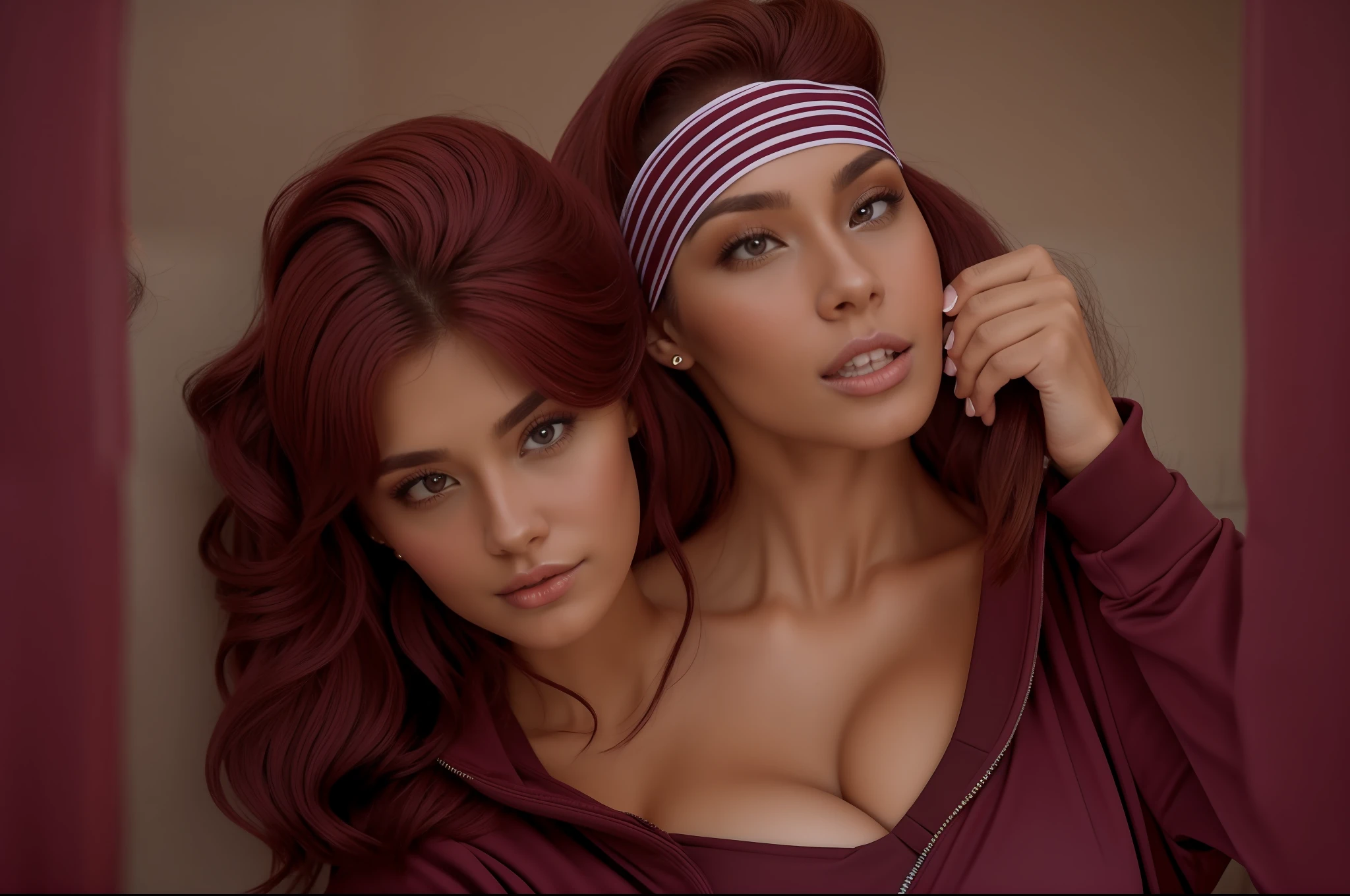 2women, 2heads,  2heads attached to one body, bust shot, long blonde hair, short brown hair, burgundy track jacket, burgundy headband, one low cut jacket, two necks attached to one body, cleavage, surprised, smug, two breasts