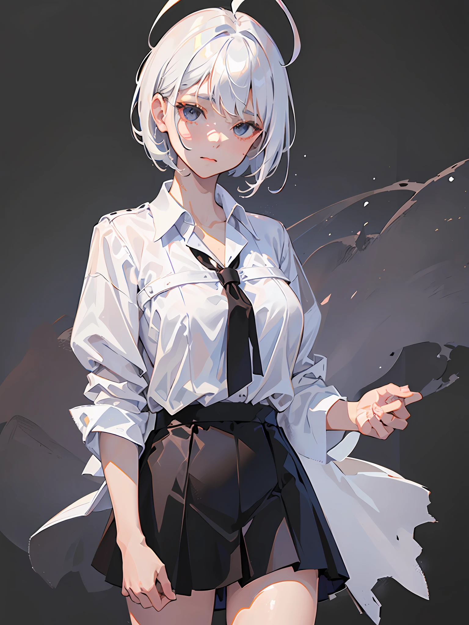 ((masterpiece, best quality)), (1girl), (solo), (female focus), (ahoge, white hair, short hair), black eyes, ((white shirt), (buttoned shirt)), ((black skirt), (short skirt)), standing, white background, arms behind back,