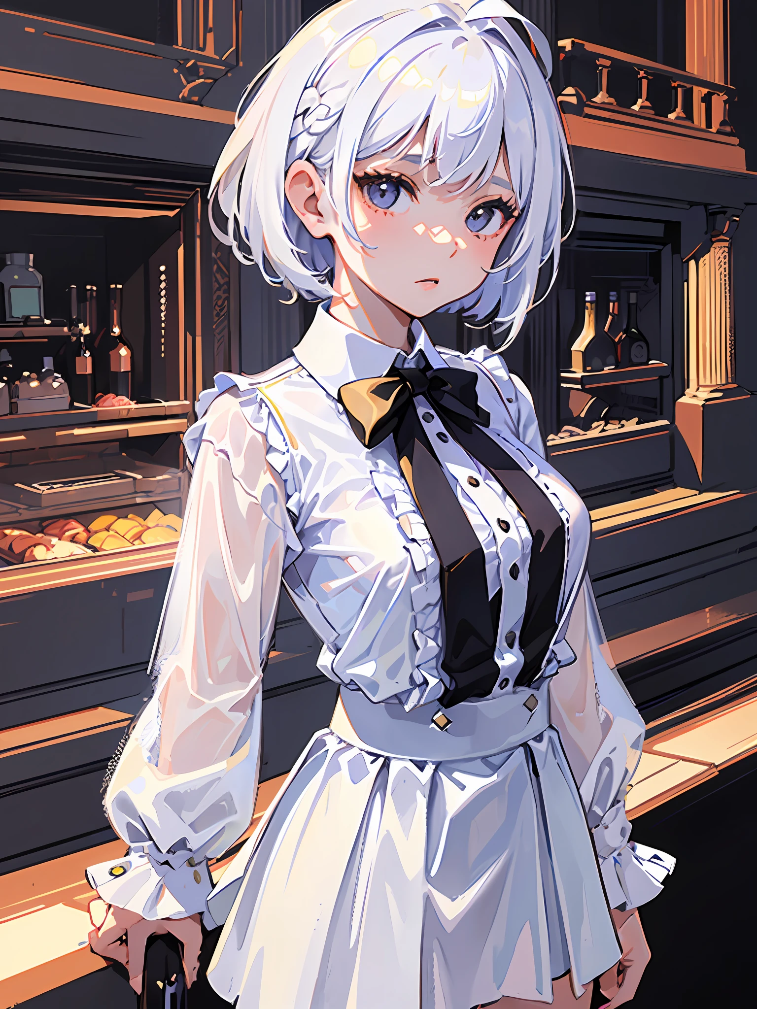 ((masterpiece, best quality)), (1girl), (solo), (female focus), (ahoge, white hair, short hair), black eyes, ((white shirt), (buttoned shirt)), ((black skirt), (short skirt)), standing, white background, arms behind back,