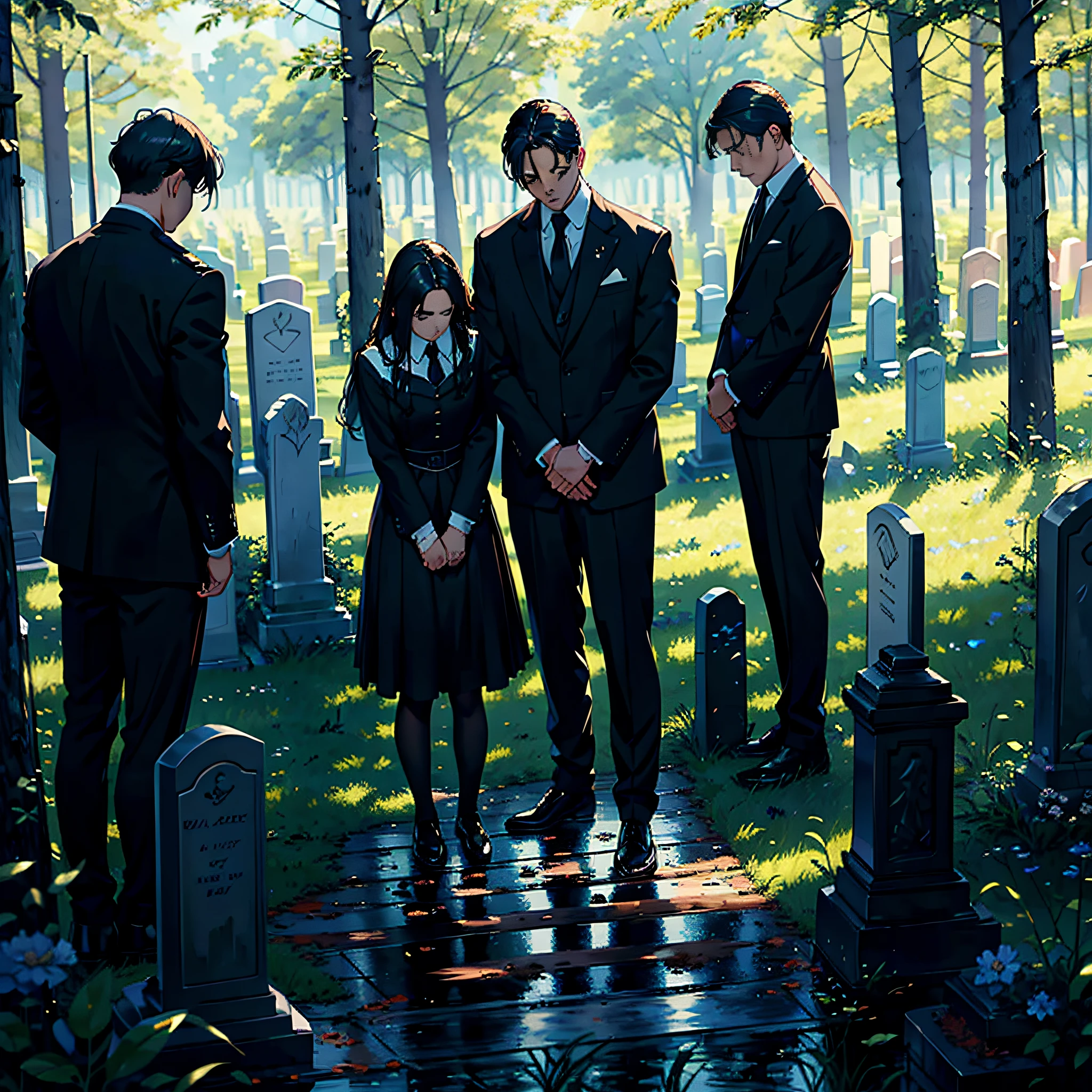 ((masterpiece)), ((best quality)), 8k, high detailed, ultra-detailed, Two men and three women stand solemnly before a weathered tombstone. The atmosphere is heavy with grief and reverence. The tombstone bears engraved names and dates, a testament to lives once lived. The men wear dark suits, their heads bowed in reflection, while the women don somber attire, their expressions marked by a mix of sorrow and remembrance. The surroundings are a serene cemetery, with towering trees and gently swaying grass. The air carries a sense of solemnity, broken only by the soft whispers and the occasional sound of a gentle sob. It is a scene of collective mourning, a moment to honor and remember those who have passed on, and to find solace in the shared embrace of grief and memories.