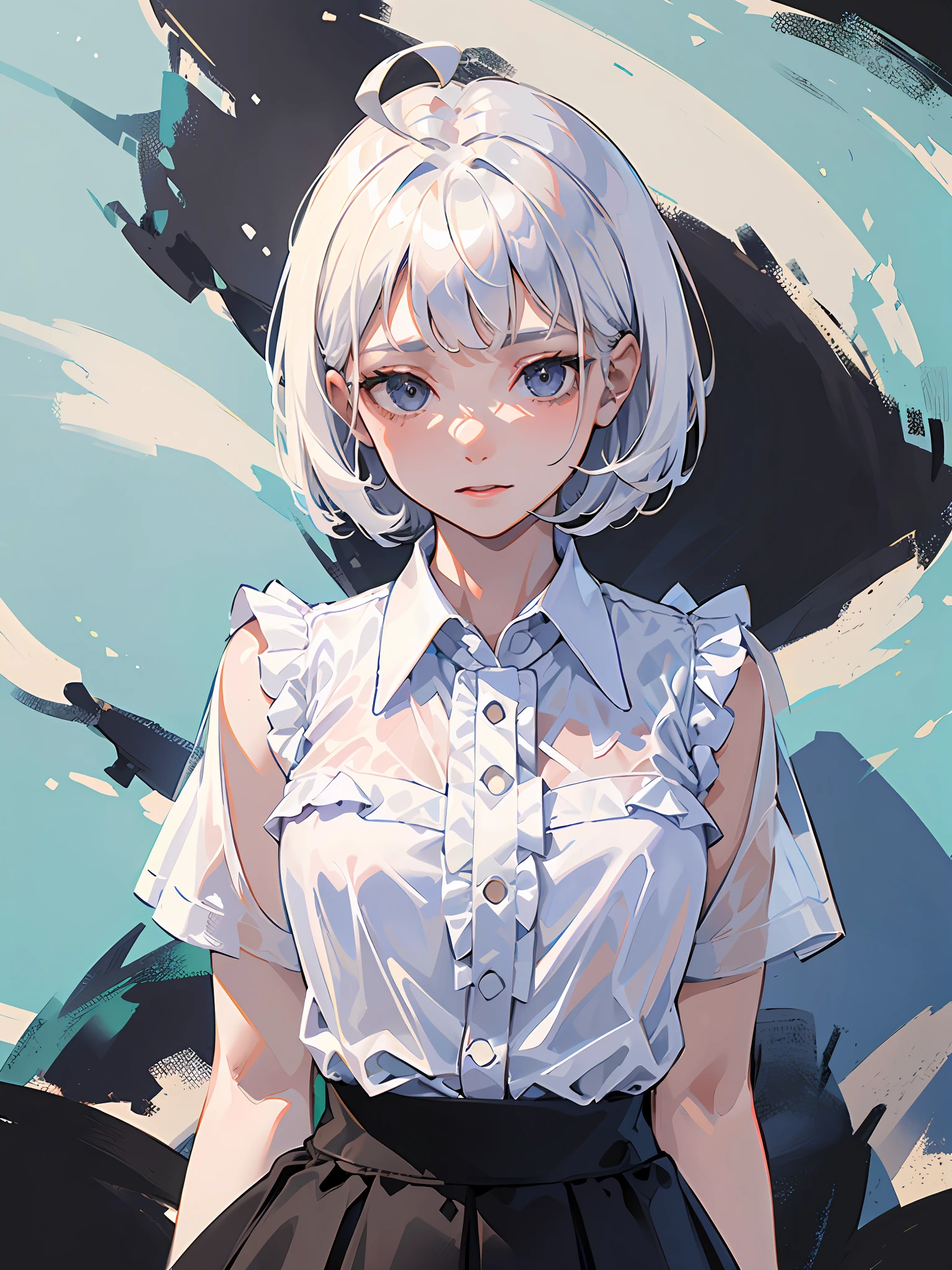 ((masterpiece, best quality)), (1girl), (solo), (female focus), (ahoge, white hair, short hair), black eyes, ((white shirt), (buttoned shirt)), ((black skirt), (short skirt)), standing, white background, arms behind back,