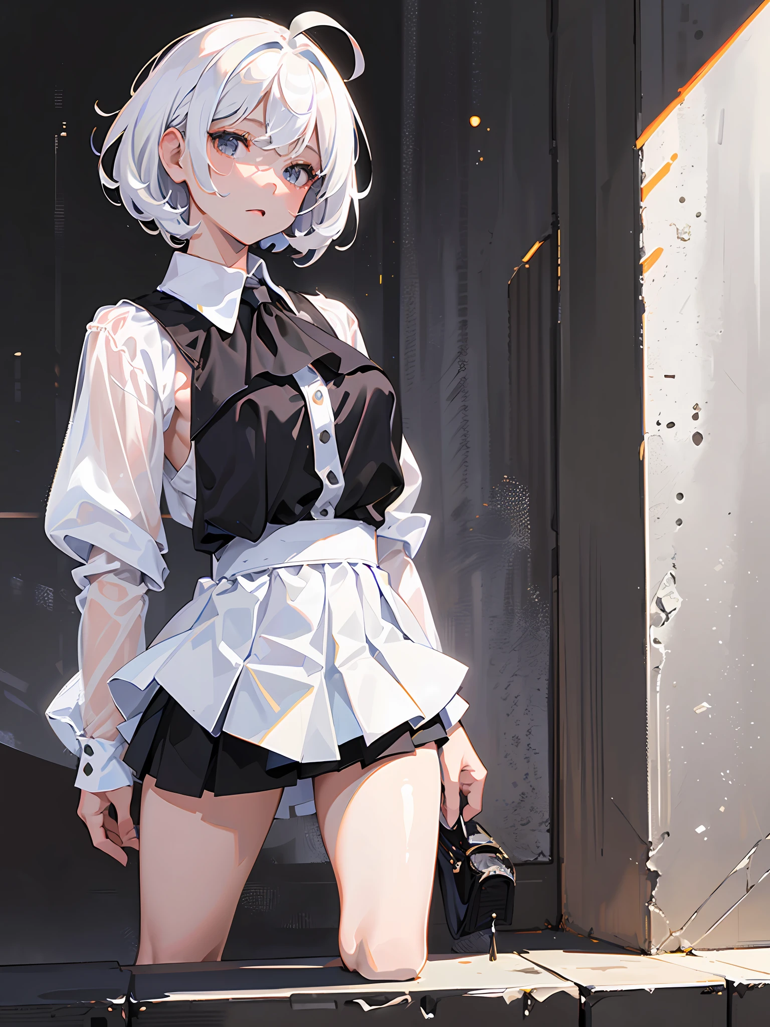 ((masterpiece, best quality)), (1girl), (solo), (female focus), (ahoge, white hair, short hair), black eyes, ((white shirt), (buttoned shirt)), ((black skirt), (short skirt)), standing, white background, arms behind back,