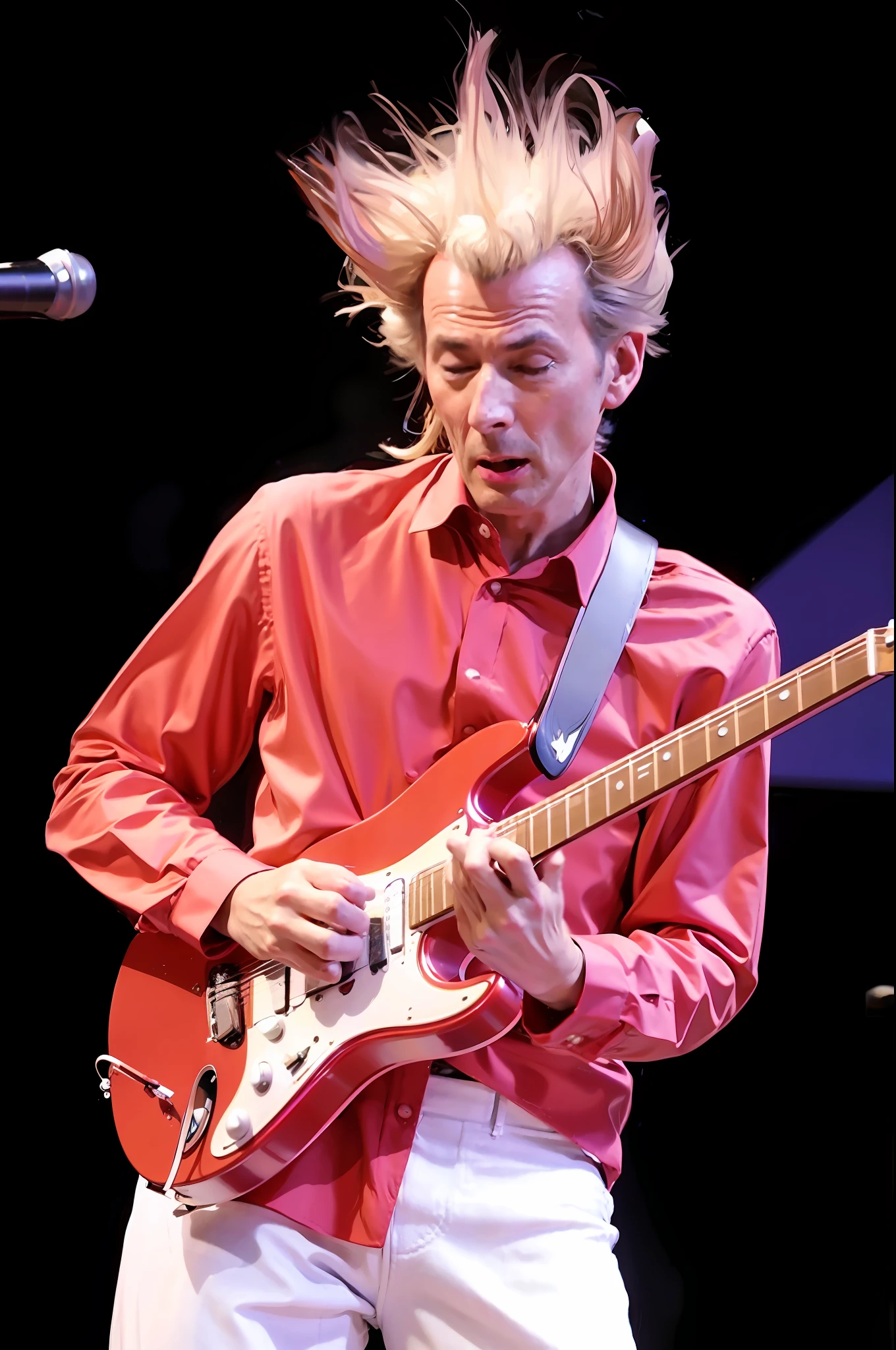 arafed man with a guitar and a microphone in front of a microphone, ed o'brien (guitar), art sussman, alabama, jon berkey, eddie, he is a rockstar, playing guitar onstage, bob, inspired by Glennray Tutor, by Murray Tinkelman, oliver vernon, rip, jerry, norman rockwel, jim kay