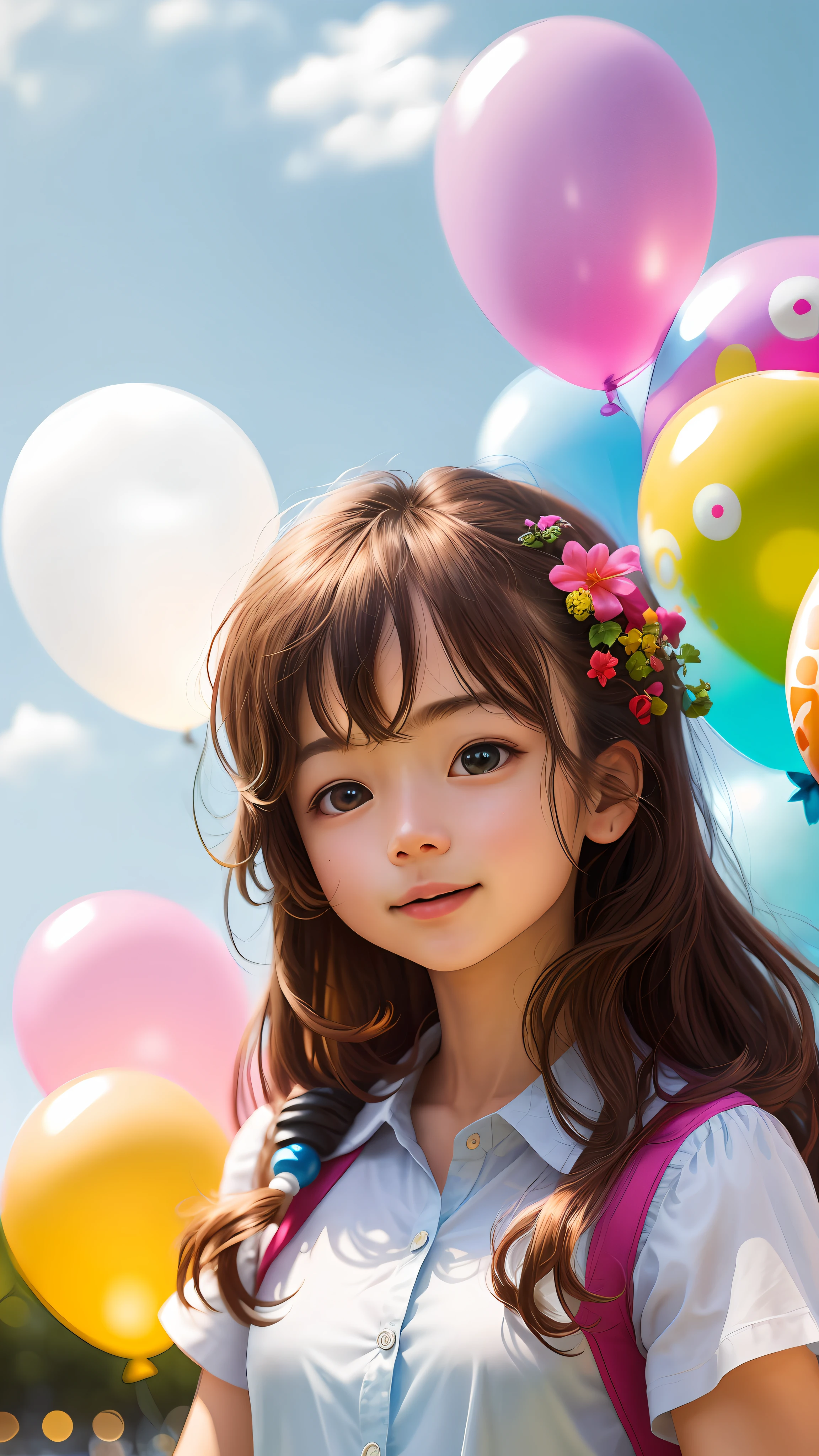 One for a girl, single, zoo, many balloons, happy, happy, perfect quality, clear focus (clutter - home: 0.8), (masterpiece: 1.2) (realistic: 1.2) (bokeh) (best quality) (detailed skin: 1.3) (complex details) (8K) (detail eyes) (sharp focus), (happy)