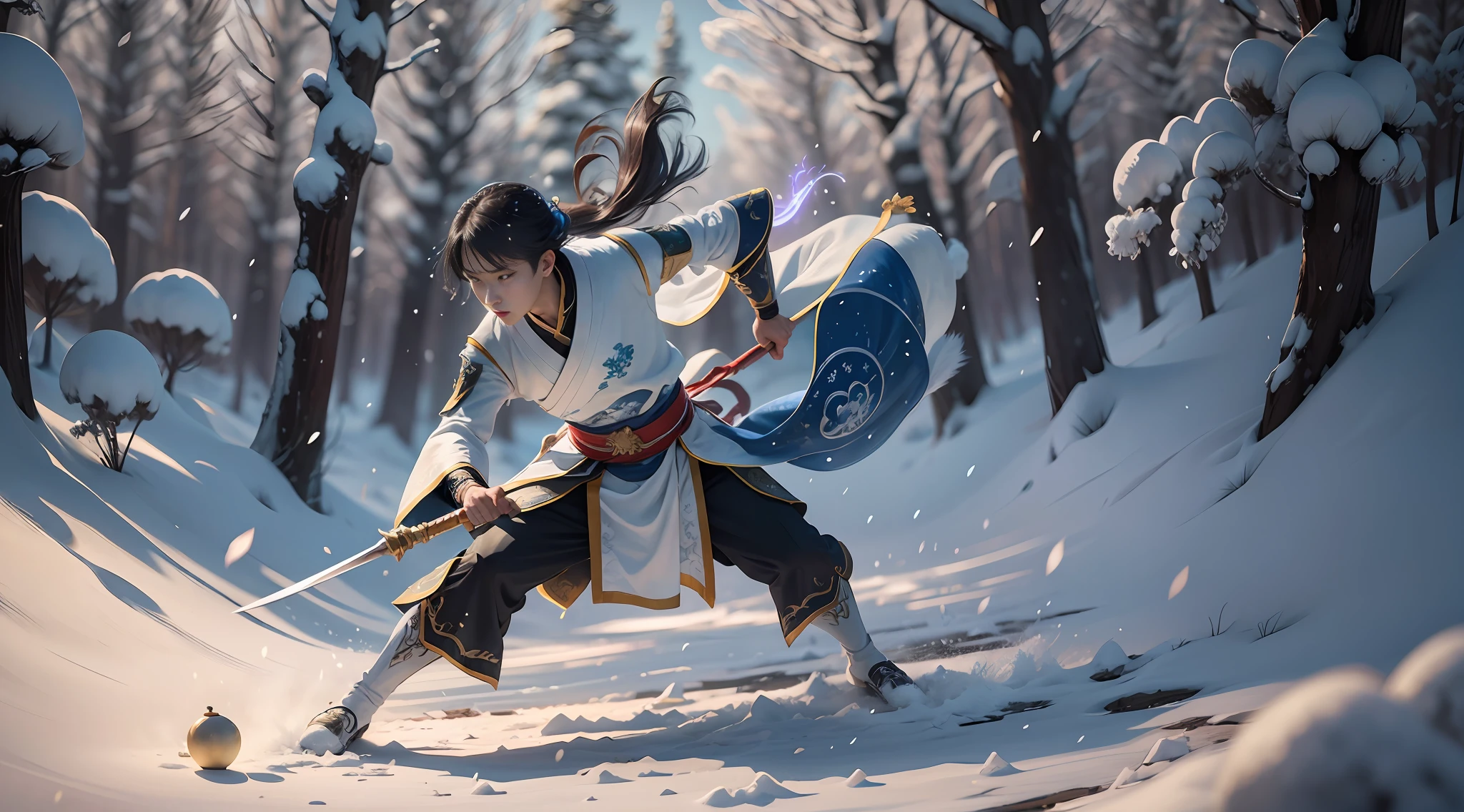 Snow flying in the air, panorama, movie lights, a 16 year old Chinese boy wearing Hanfu, sword fighting martial arts style, Chinese fairy tale, background is colorful points of light, highly detailed, dynamic, cinematic, stunning, realistic lighting and shadows. Theatic, stunning, 35mm lens, realistic --AR 16:9 --s 750 --v 5 --auto --s2
