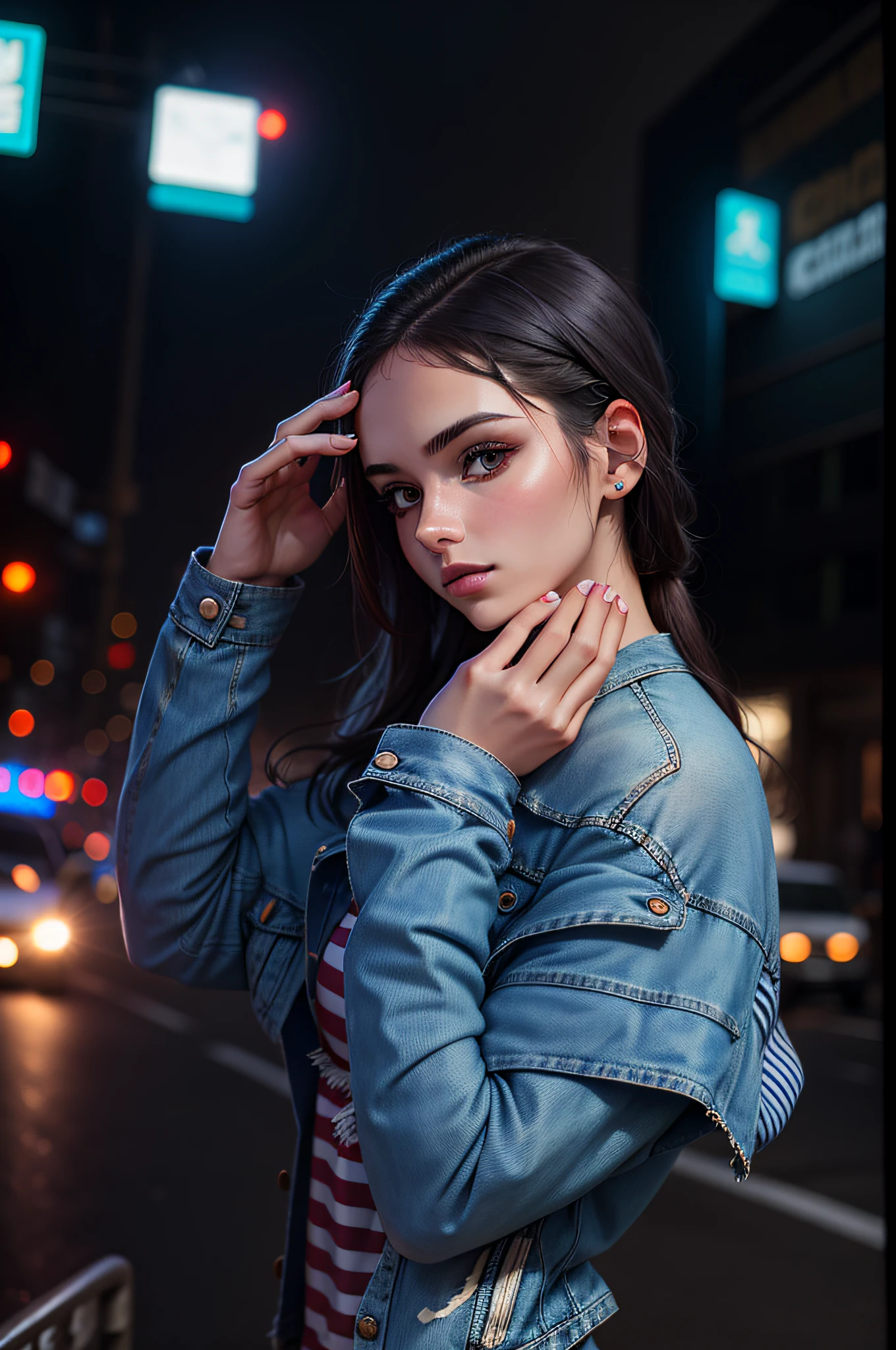 20 year old woman in a blue denim jacket and a striped dress, modeling photography, cute model model, cute model girl, photo of a beautiful woman, cute model, shot at canon eos r5, woman model, casual pose, cute female model, fashion model photography, casual photography, model photography, night photo, cars with lights on, model in the middle of the street,high quality photo,anime style --auto --s2