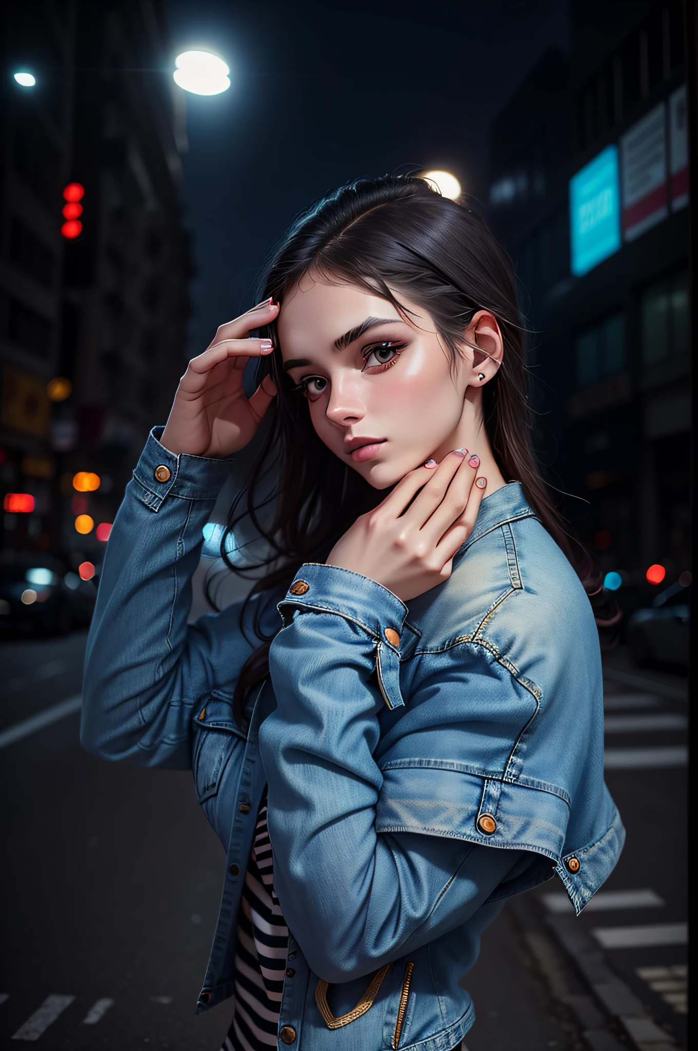 20 year old woman in a blue denim jacket and a striped dress, modeling photography, cute model model, cute model girl, photo of a beautiful woman, cute model, shot at canon eos r5, woman model, casual pose, cute female model, fashion model photography, casual photography, model photography, night photo, cars with lights on,  model in the middle of the street,high quality photo,anime style --auto --s2