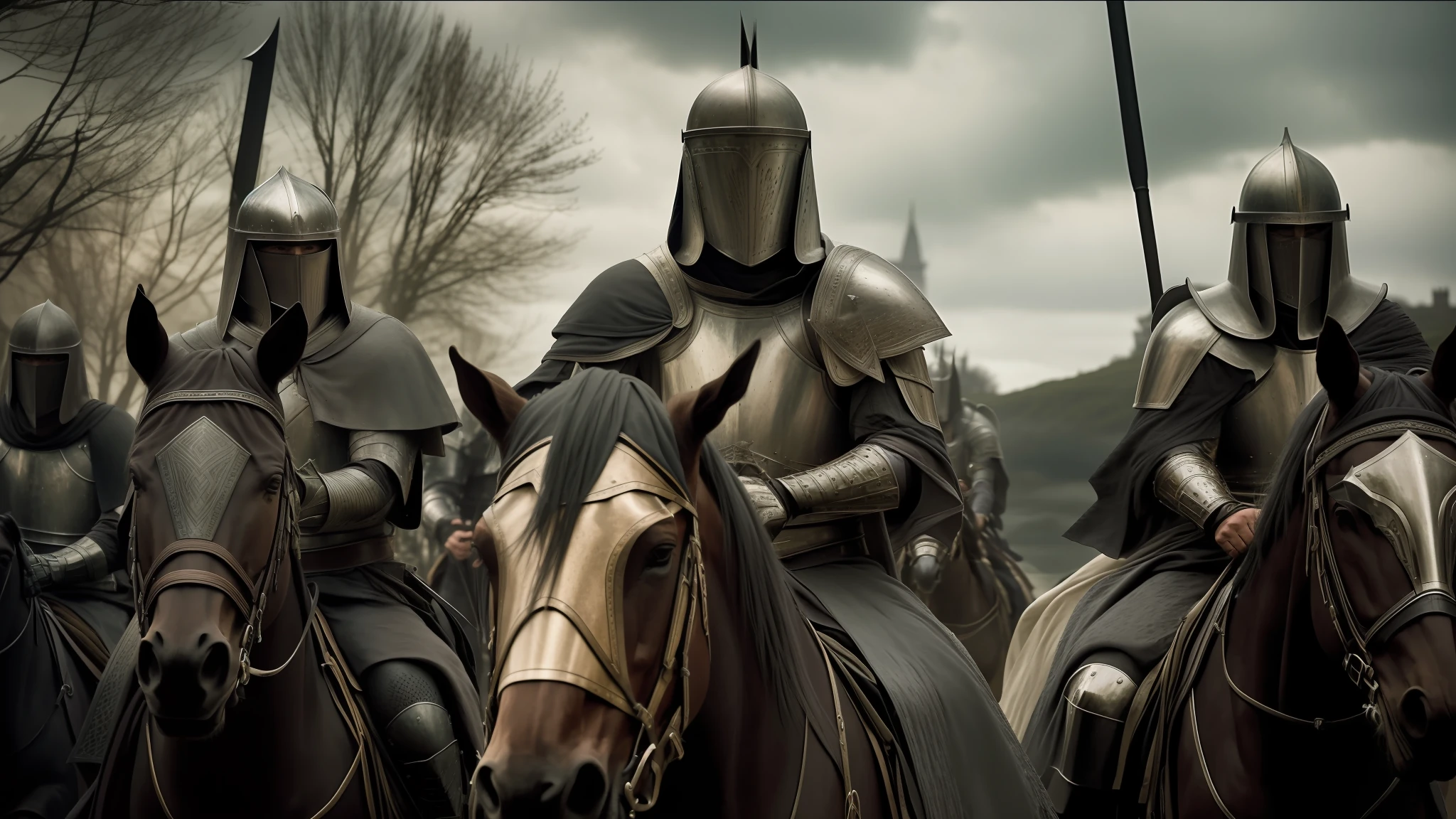 there are three men in armor riding horses in a row, cinematic color gradation, dark gray robes, [metal], 4k photography, Bradley James and Colin Morgan, armor and cloaks, warlord, anamorphic flares, heavy filmgrain, middle ages, tough filters and effects, three towers, by Stefan Lochner, high resolution