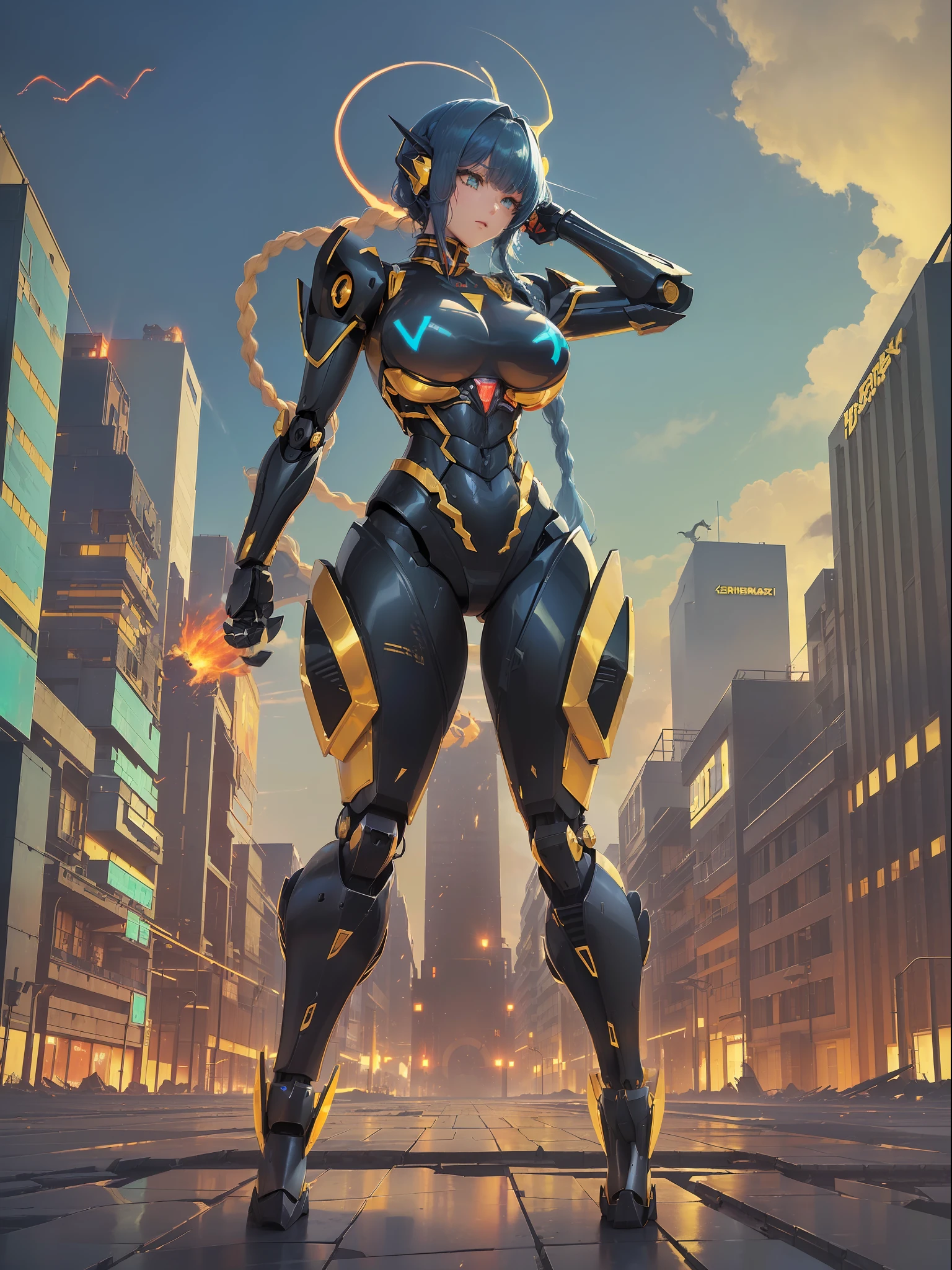 ((full body):1.5) (({1/woman}):1.2). Only {1/woman}:((Wearing black mecha with golden parts, extremely tight on the body):1.2). Only {1/woman} has ((very short blue hair with braids, green eyes):1.2). Only {1/woman}:((extremely large breasts):1.2) Only {1/woman}:((striking sensual poses for the standing viewer)). In a futuristic city completely destroyed with fire in the buildings and (((1 mecha robot dino saurus tyrannosaurus rex ):1.2)) of only {1/woman}. anime, anime style, 16k, ((high quality, high details):1.5), UHD, masterpiece