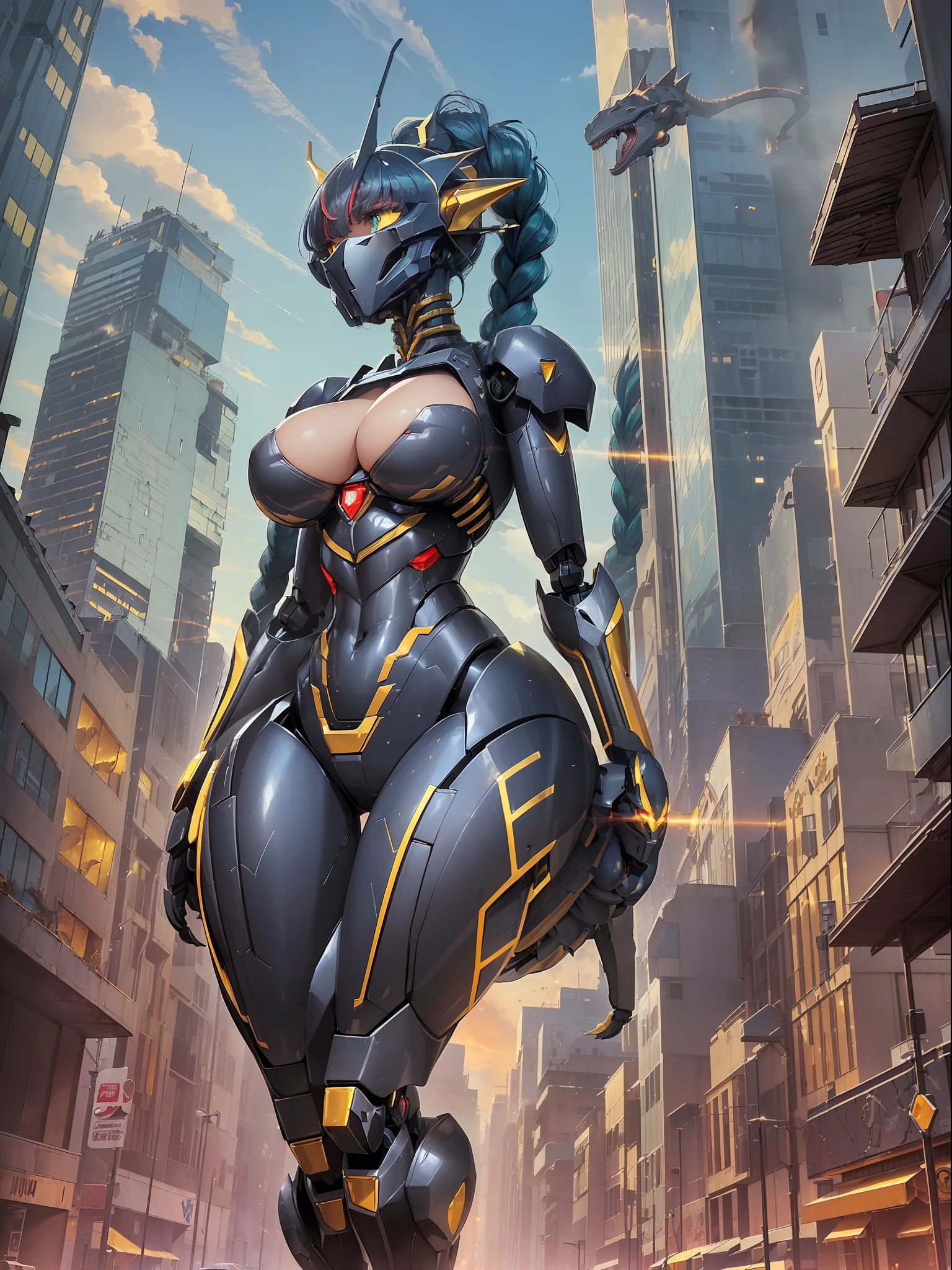 ((full body):1.5) (({1/woman}):1.2). Only {1/woman}:((Wearing black mecha with golden parts, extremely tight on the body):1.2). Only {1/woman} has ((very short blue hair with braids, green eyes):1.2). Only {1/woman}:((extremely large breasts):1.2) Only {1/woman}:((striking sensual poses for the standing viewer)). In a futuristic city completely destroyed with fire in the buildings and (((1 mecha robot dino saurus tyrannosaurus rex ):1.2)) of only {1/woman}. anime, anime style, 16k, ((high quality, high details):1.5), UHD, masterpiece