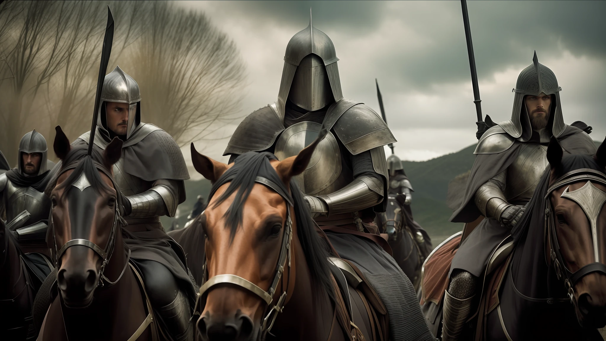 there are three men in armor riding horses in a row, cinematic color gradation, dark gray robes, [metal], 4k photography, Bradley James and Colin Morgan, armor and cloaks, warlord, anamorphic flares, heavy filmgrain, middle ages, tough filters and effects, three towers, by Stefan Lochner, high resolution