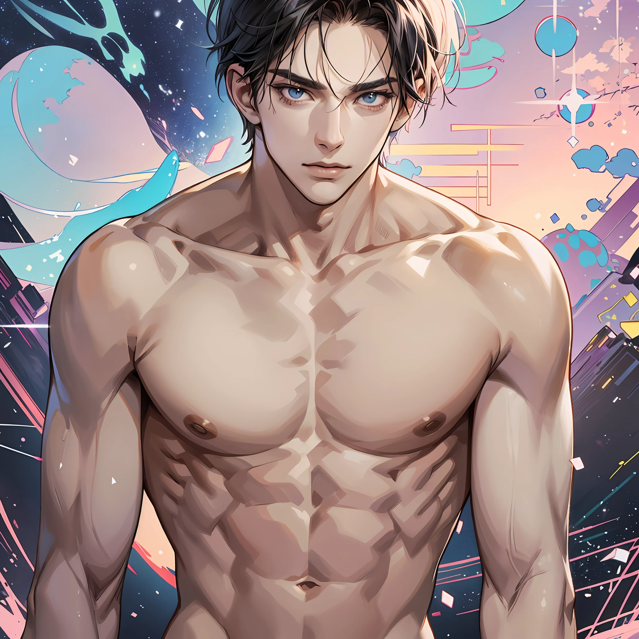 A man posing with his shirt off, in the style of smooth curves, lanky tall man, cut/ ripped, aurorapunk, white, tweencore, close - up, shiny , anime aesthetic，