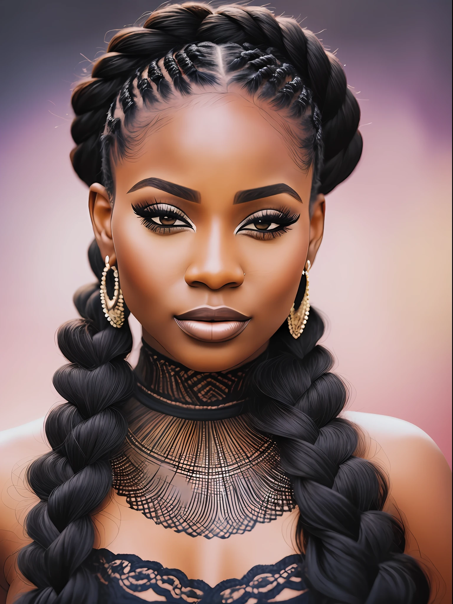a beautiful black woman with beautiful long black braided hair, long eyelashes, natural full lips, professional shoot, 85 mm, professional makeup, natural light, styl watercolor painting , white bacground --auto --s2