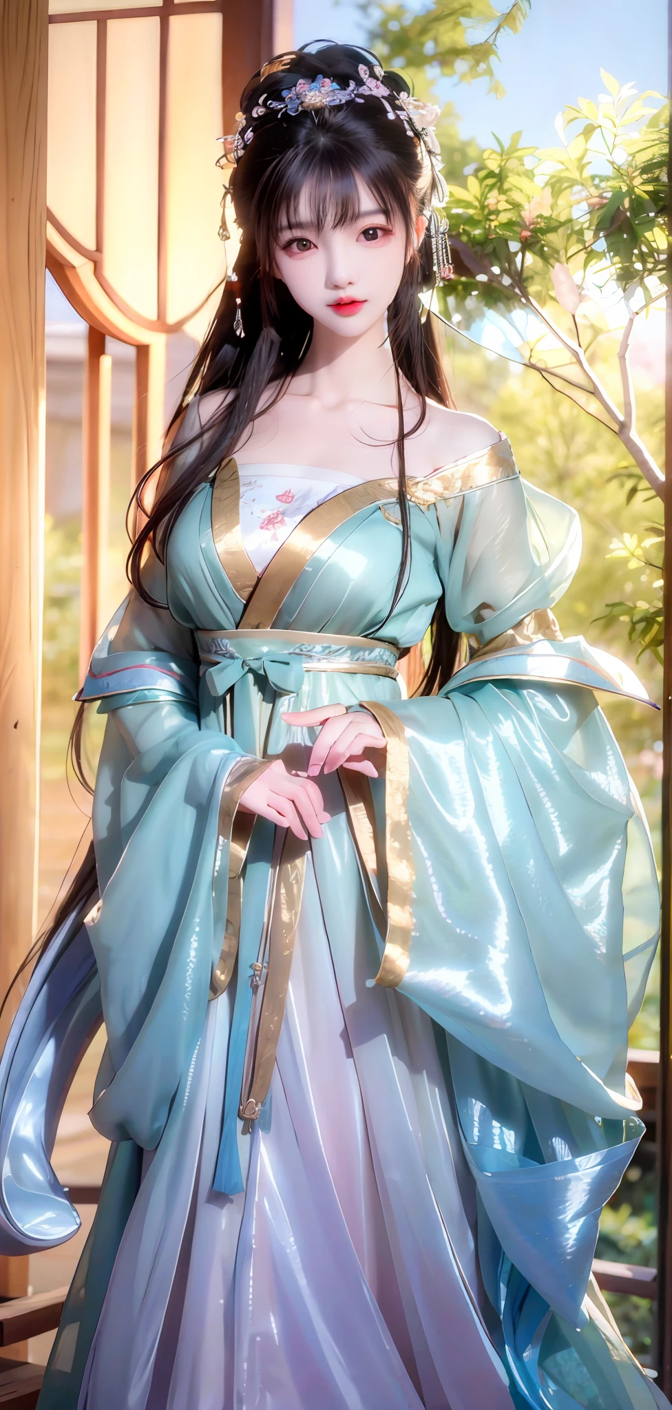 Best quality, beautiful, beautiful, beautiful, beautiful, extremely detailed, unity, 8k beautiful wallpaper, beautiful detail, masterpiece, best quality, official art, very detailed, very ridiculous, high resolution, beautiful, eyes and face Beautiful detail, movie lighting, 1 girl, perspective view, looking at viewer, full body, full body shot, outdoors, hands behind the back, (Hanfu)