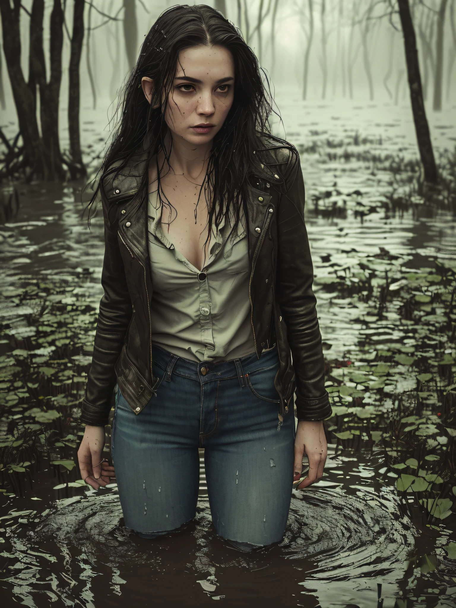 (best quality, masterpiece), (night, gloomy, swamp, dark forest), woman, fair skin, ((tired look)), blushing face, ((drowning himself in a swamp)), dirty swamp, ((worn jeans)), unbuttoned shirt, leather jacket, deep swamp, twilight lighting, waist lighting, drama of what is happening, frame saturated with tension, dynamic frame