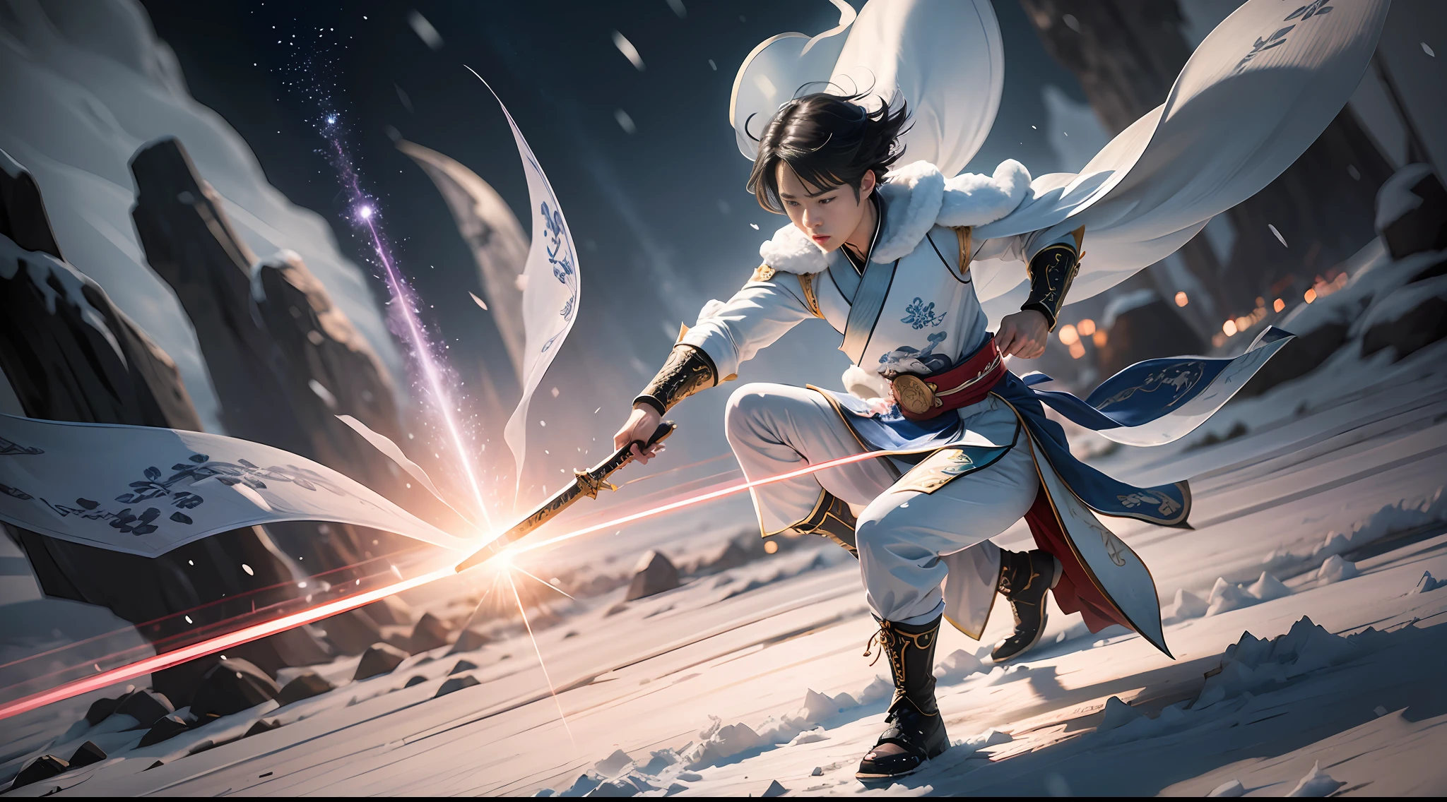 Snow flying in the air, panorama, movie lights, a 16 year old Chinese boy wearing Hanfu, sword fighting martial arts style, Chinese fairy tale, background is colorful points of light, highly detailed, dynamic, cinematic, stunning, realistic lighting and shadows. Theatic, stunning, 35mm lens, realistic --AR 16:9 --s 750 --v 5 --auto --s2