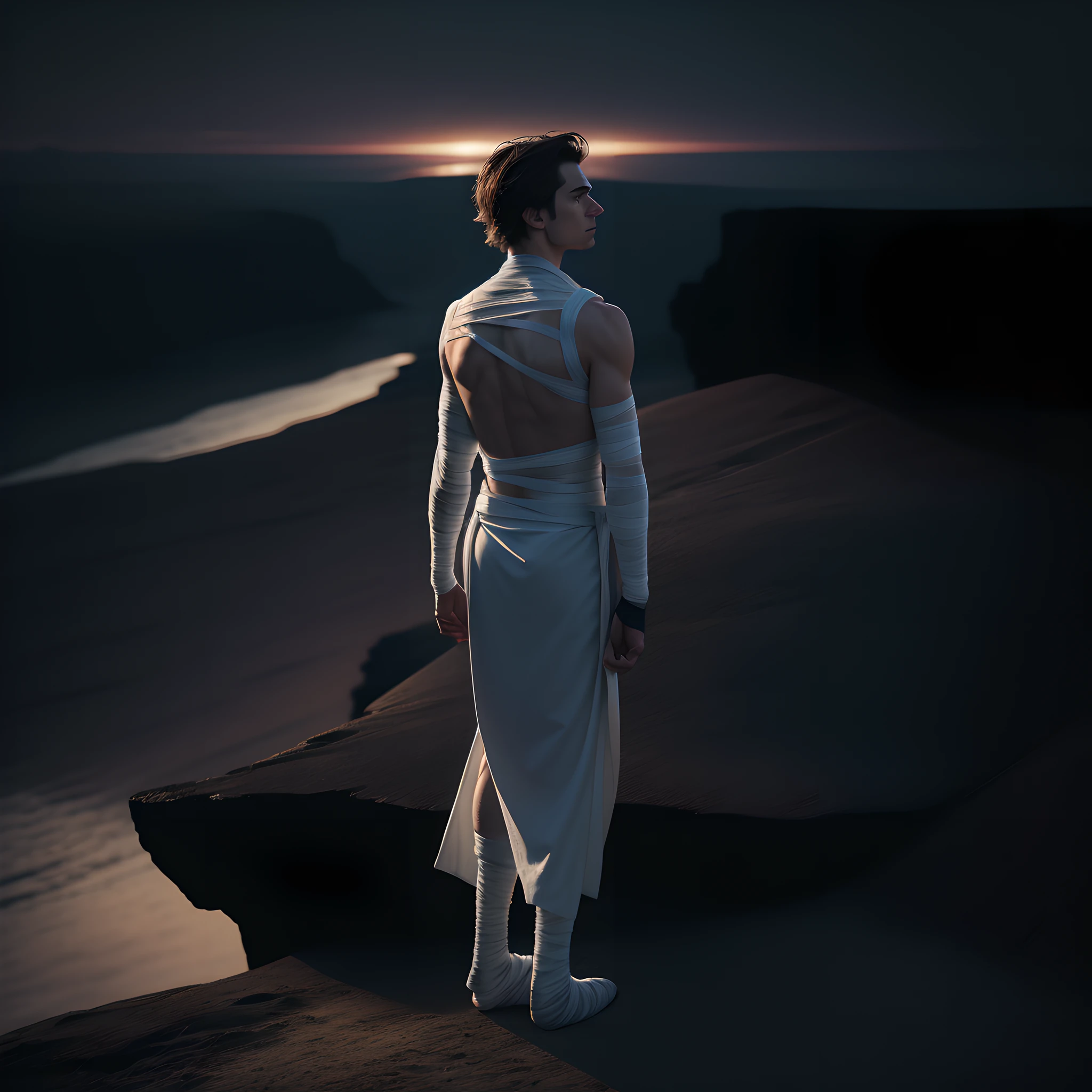 Half-length portrait of a man standing with his back to us. (Arms in bandages stretched out in front of him:1.2), standing on the edge of a cliff, looking into the distance. Muted tones, twilight
