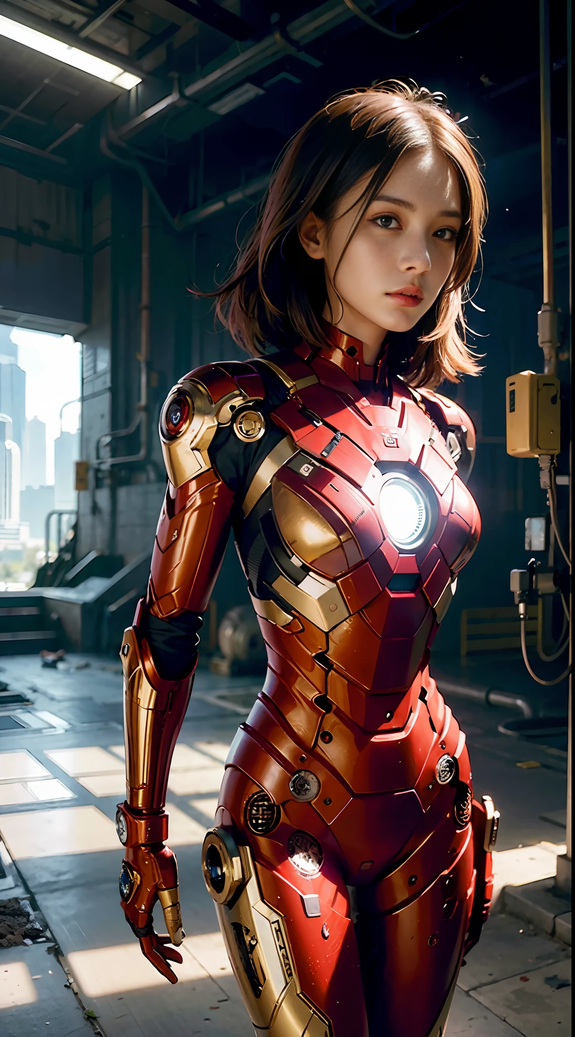 (1girl:1.3), solo,__body-parts__, official art, unity 8k wallpaper, ultra detailed, beautiful and aesthetic, beautiful, masterpiece, best quality, RAW, masterpiece, super fine photo,, best quality, super high Resolution, photorealistic, sunlight, full body portrait, stunningly beautiful,, dynamic pose, delicate face, vibrant eyes, (side view), she is wearing a futuristic Iron Man mech, red and gold, Highly detailed abandoned warehouse background, detailed face, detailed complex busy background, messy, gorgeous, milky, high detailed skin, realistic skin details, visible pores, sharp focus, volumetric fog, 8k uhd, dslr camera, High quality, film grain, fair skin, photorealism, lomography, sprawling metropolis in a futuristic dystopia, view from below, translucent