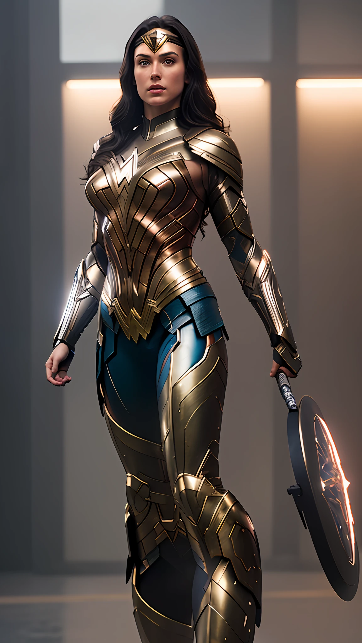 Cinematic soft lighting illuminates a stunningly detailed and ultra-realistic Wonder Woman futuristic armor that is trending on ArtStation. Octane is the perfect tool to capture the softest details of this 16k photography masterpiece