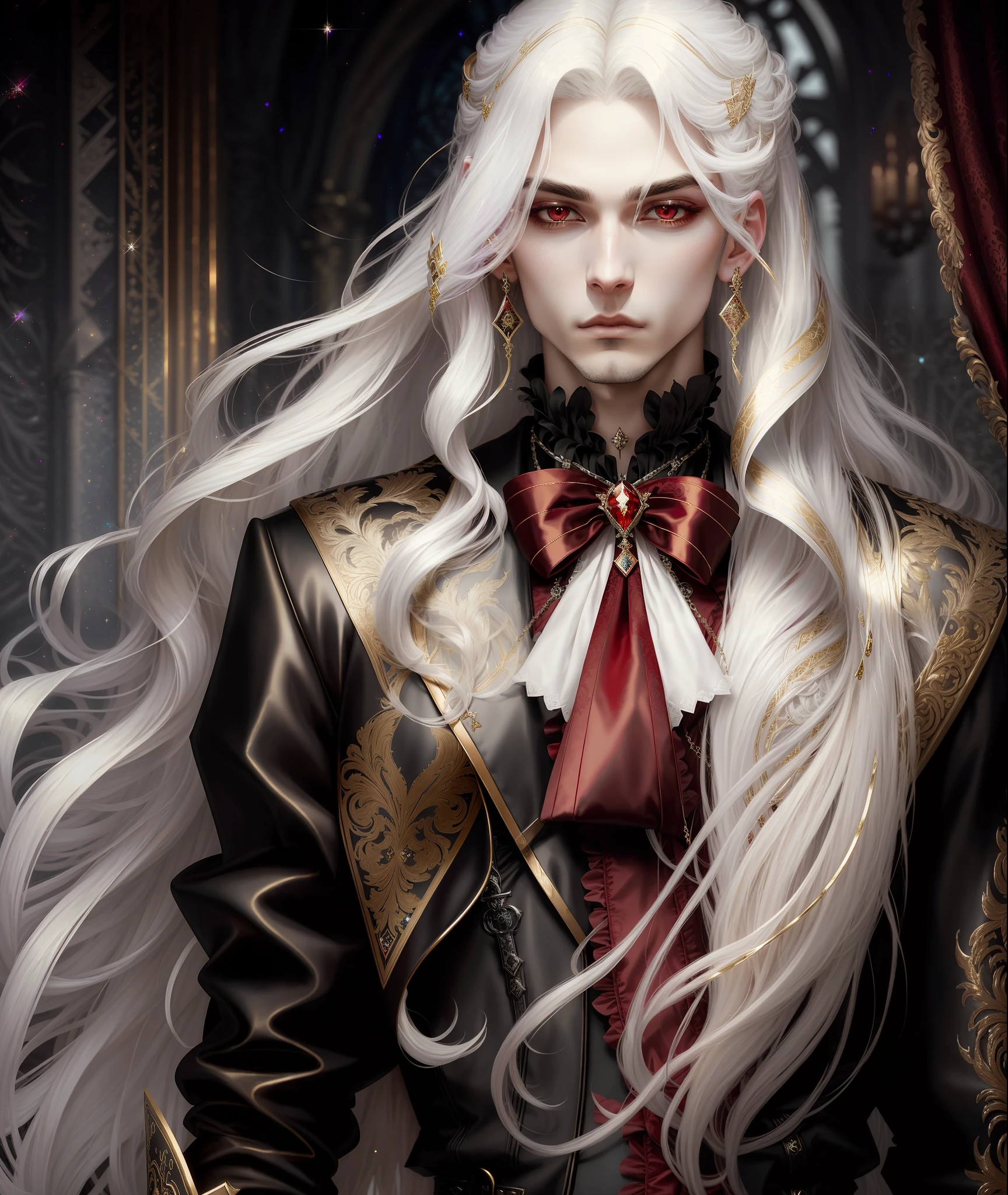 gorgeous male vampire with a perfect balance of masculine and feminine features, stunning long white hair, white and gold tetradic colors, perfect anatomy, seductive red eyes, 8k resolution, (Single person), masterpiece, perfect face:1.2), intricate details, gothic Victorian detailed background, ancient, balenciaga, glitter